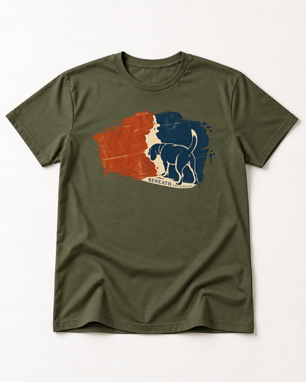 Beagle Beneath The Surface Scent Trail T-Shirt in Heather Military Green, flat lay product photo