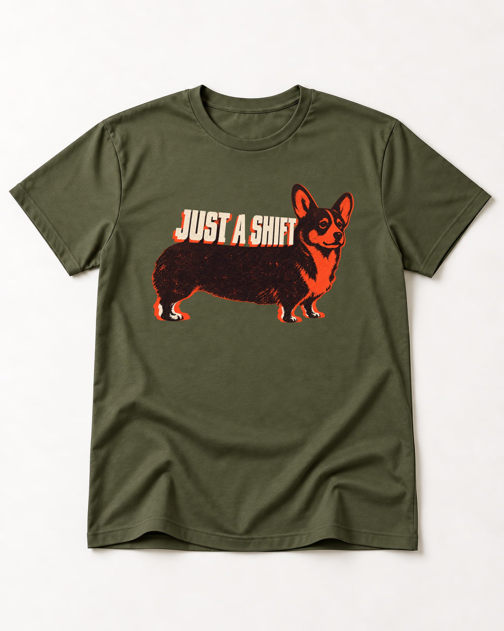 Corgi Just a Shift Typographic Graphic T-Shirt in Heather Military Green, flat lay product photo