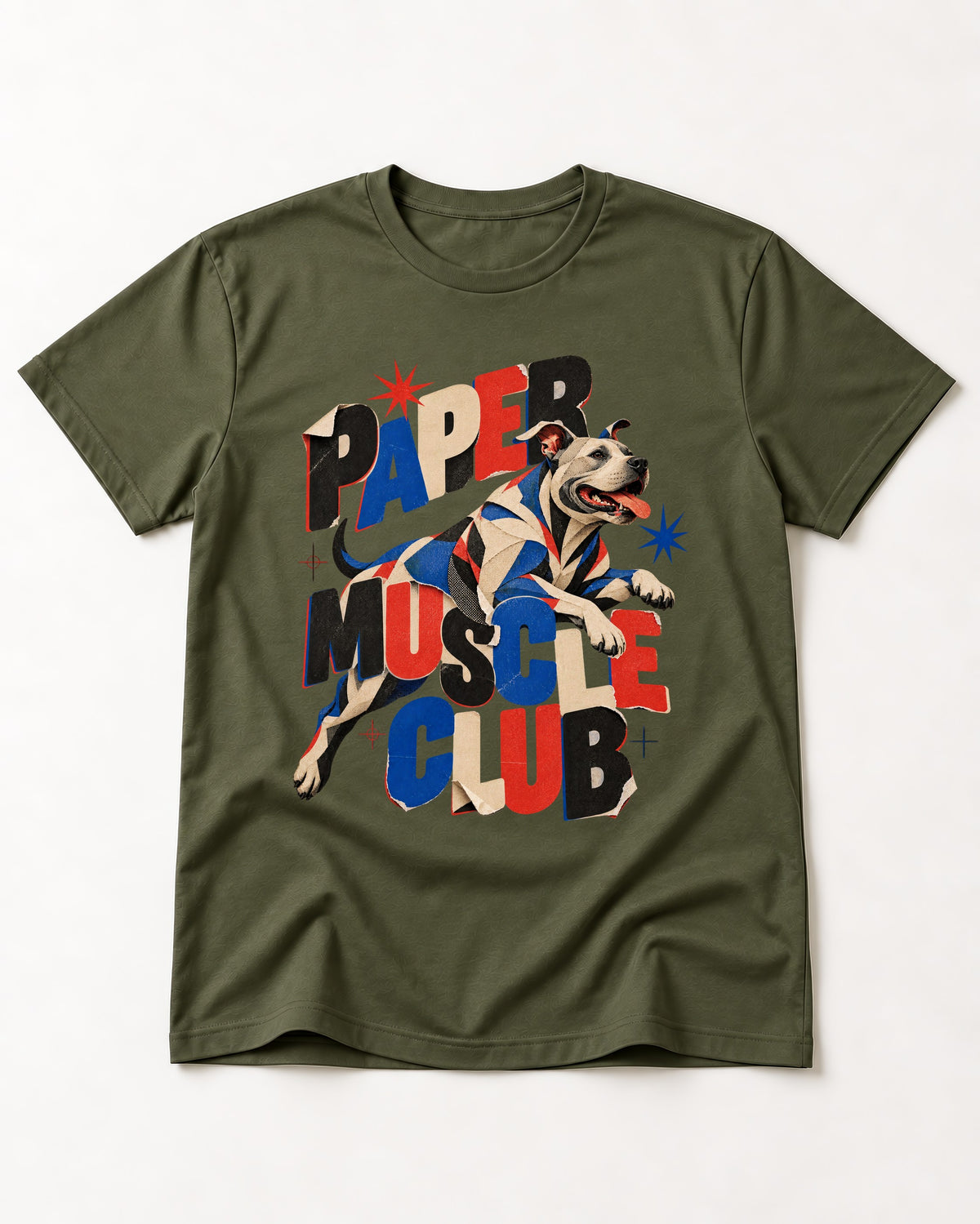 Pitbull Paper Muscle Club Collage Graphic T-Shirt in Heather Military Green, flat lay product photo