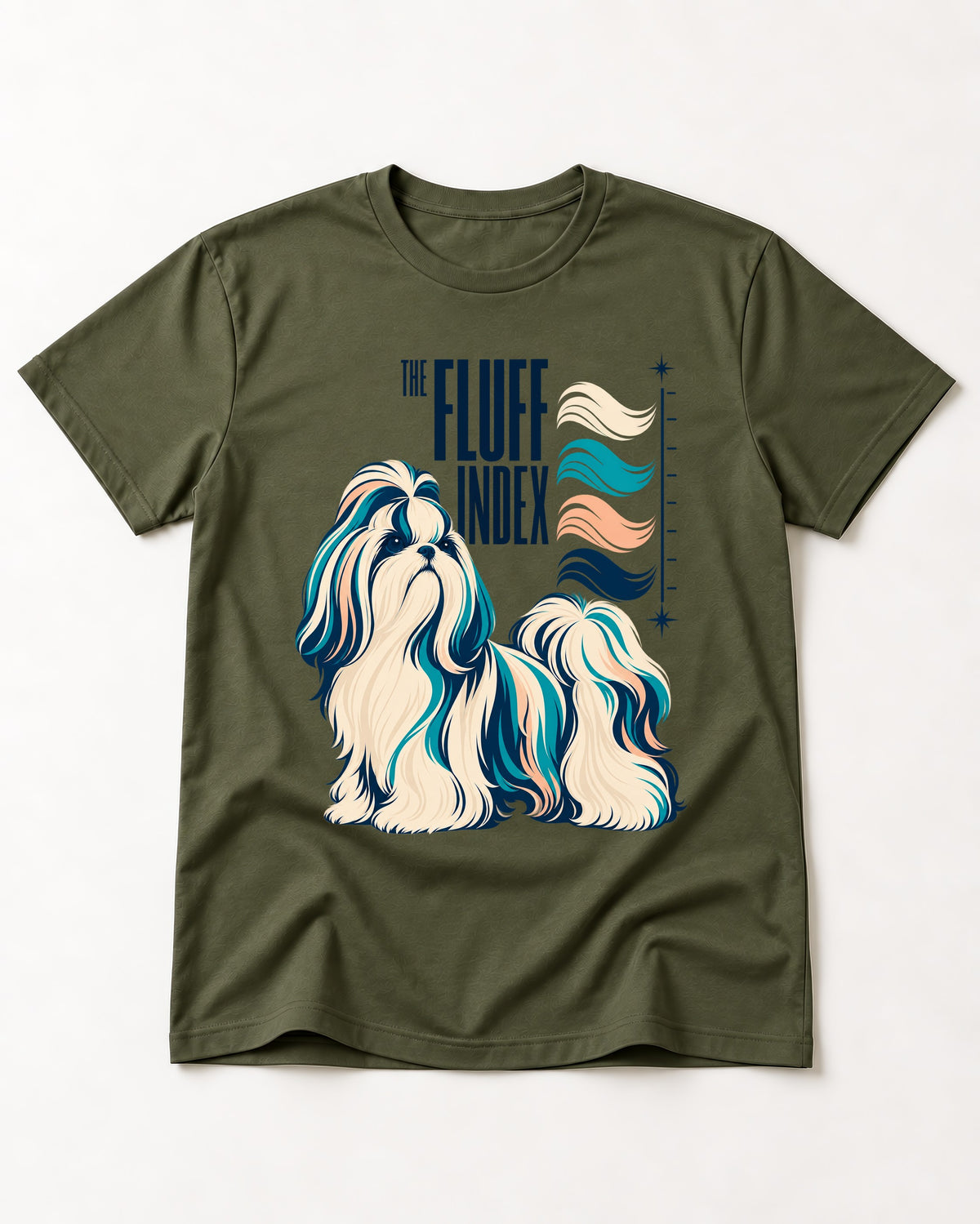 Shih Tzu The Fluff Index Coat Color Chart Graphic T-Shirt in Heather Military Green, flat lay product photo