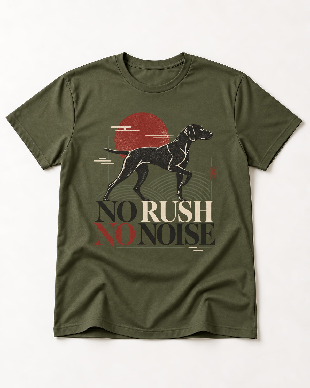 German Shorthaired Pointer No Rush No Noise Sunset Graphic T-Shirt in Heather Military Green, flat lay product photo