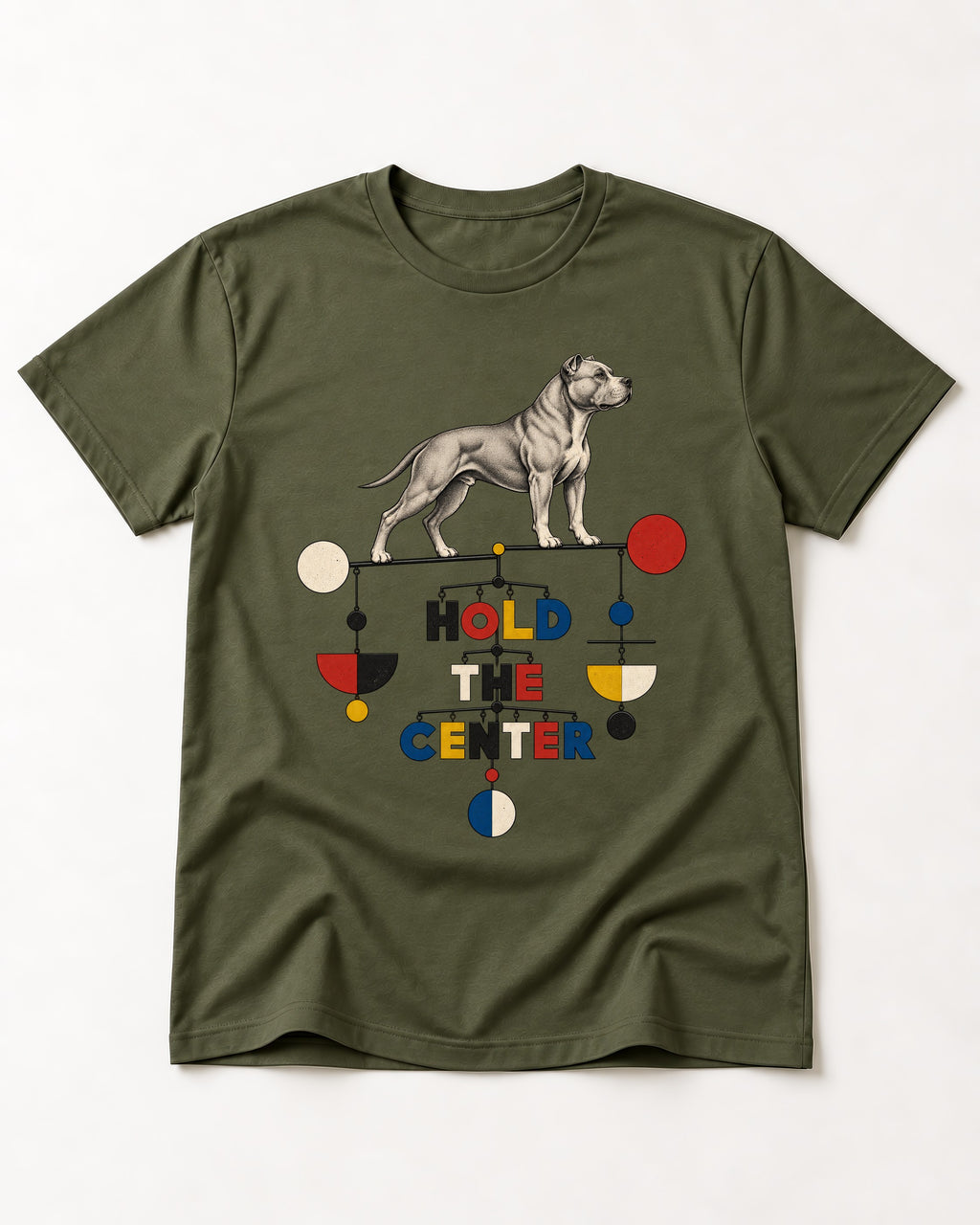 Pitbull Hold the Center Balance Mobile Graphic T-Shirt in Heather Military Green, flat lay product photo
