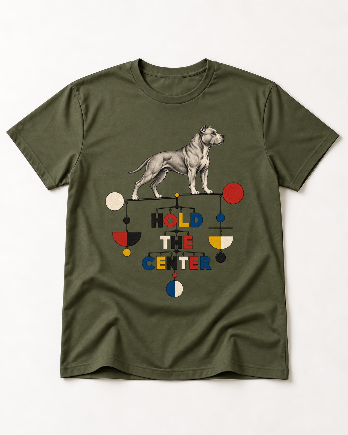 Pitbull Hold the Center Balance Mobile Graphic T-Shirt in Heather Military Green, flat lay product photo