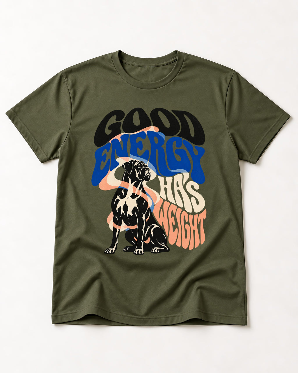 Good Energy Has Weight Boxer Retro Typography T-Shirt in Heather Military Green, flat lay product photo