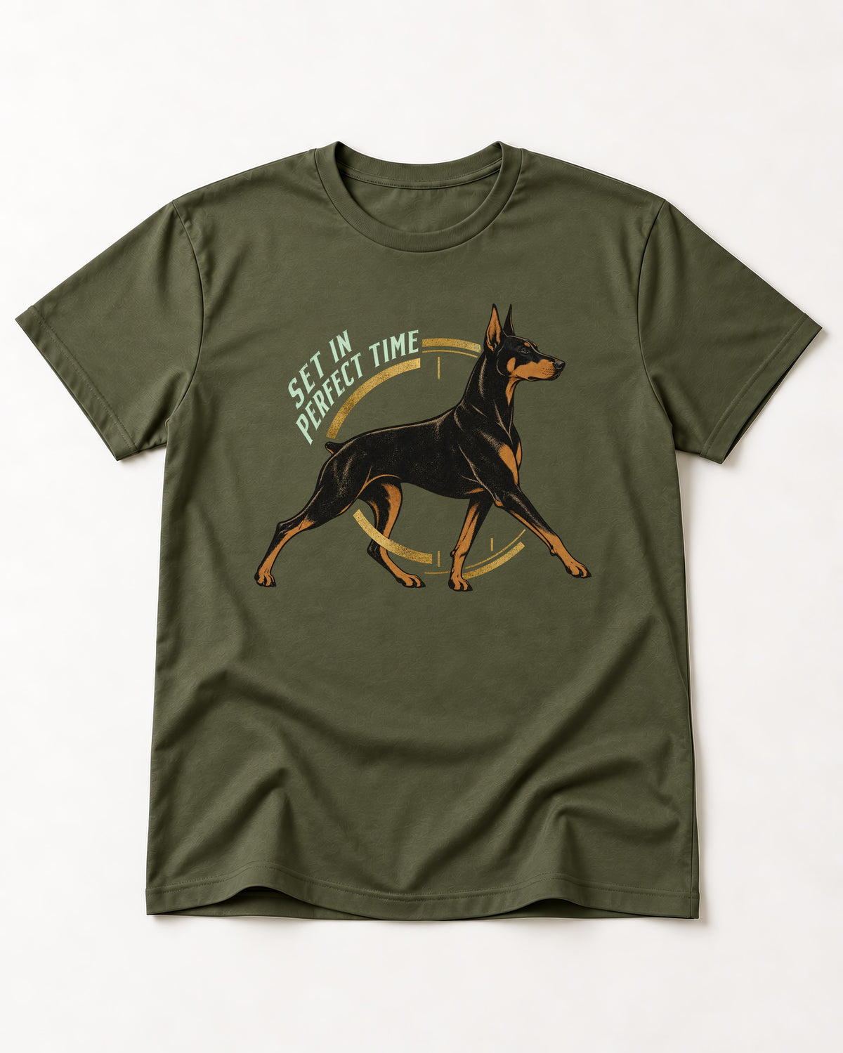 Doberman Set in Perfect Time Clock Stride Graphic T-Shirt in Heather Military Green, flat lay product photo