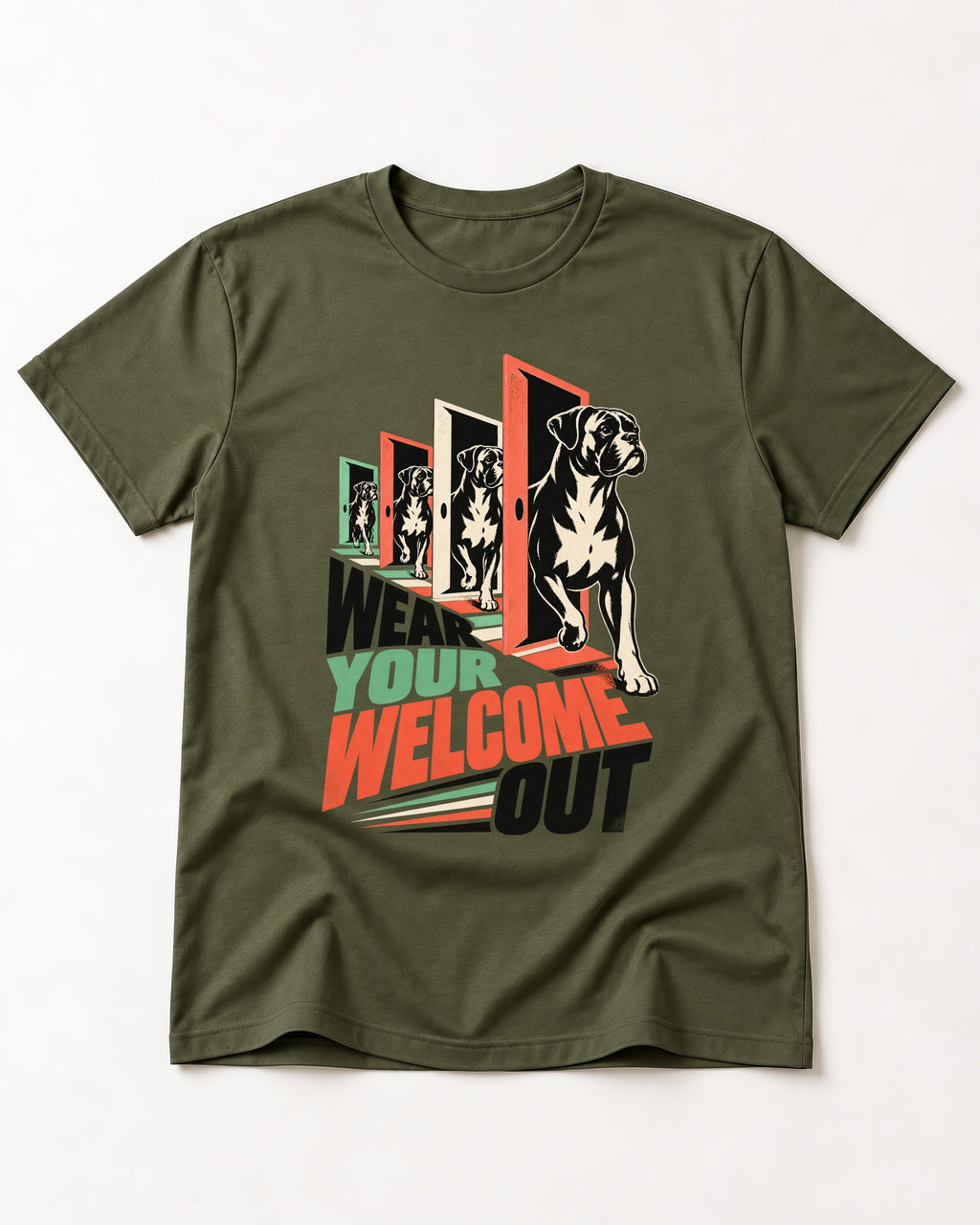 Wear Your Welcome Out Boxer Doorway Progression Graphic T-Shirt in Heather Military Green, flat lay product photo