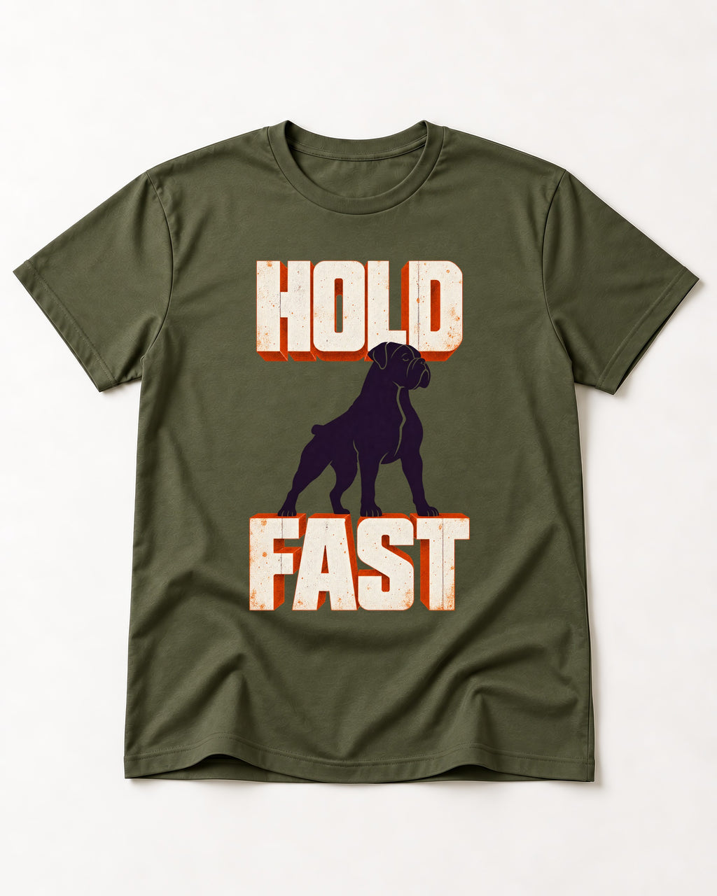 Hold Fast Boxer Typography Graphic T-Shirt in Heather Military Green, flat lay product photo