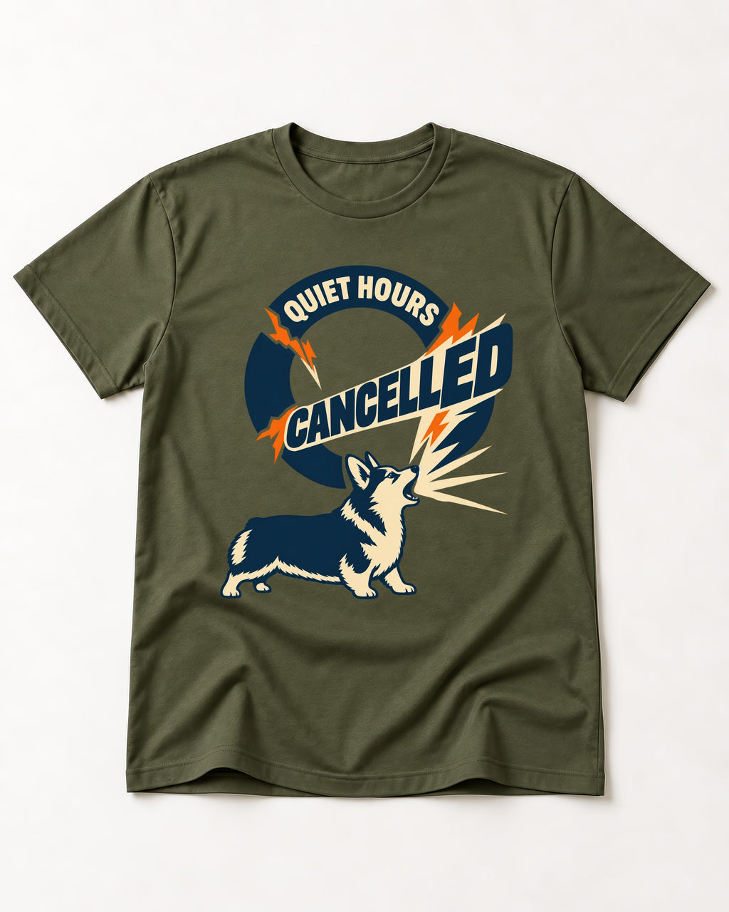 Corgi Quiet Hours Cancelled Calling Badge Graphic T-Shirt in Heather Military Green, flat lay product photo