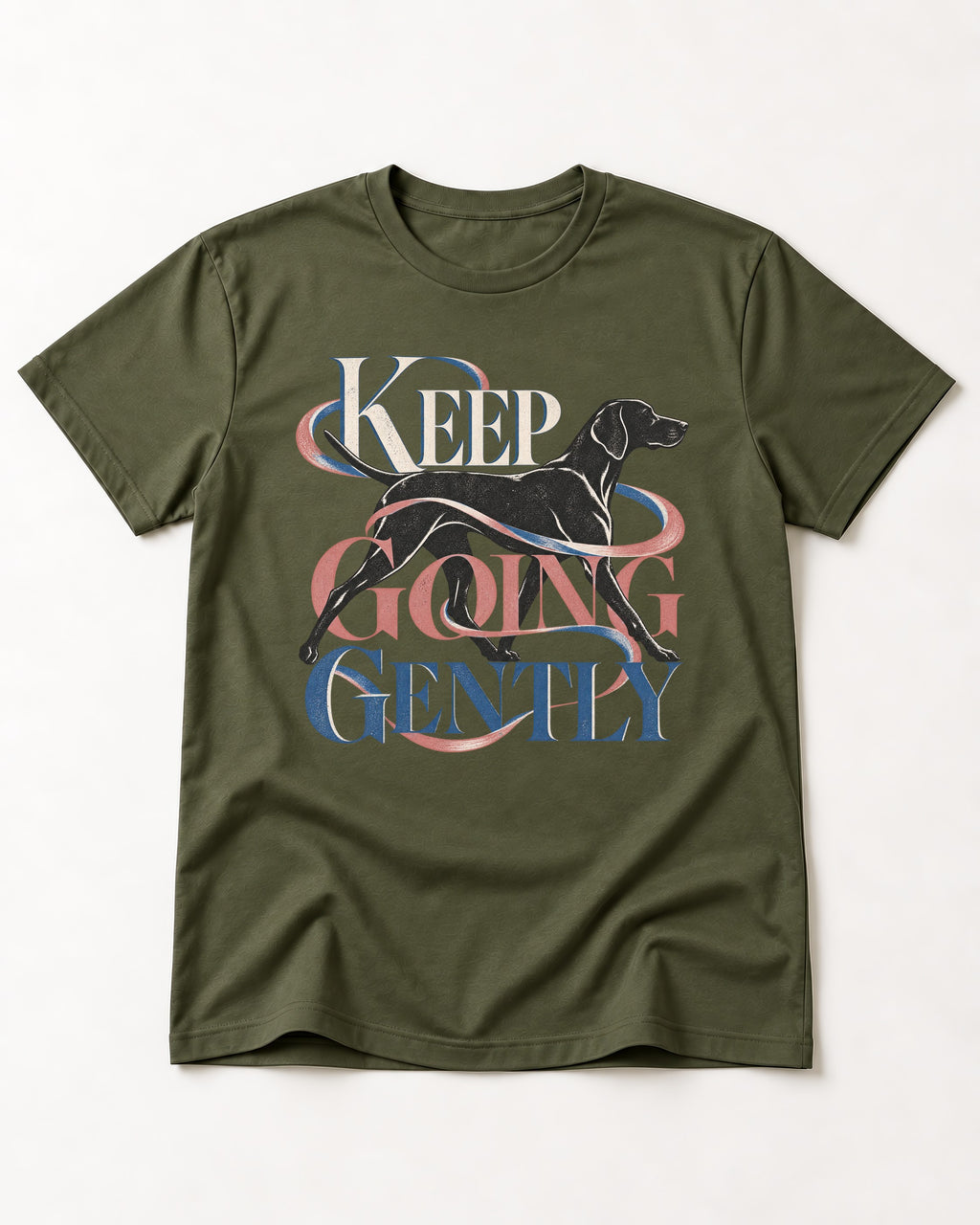 German Shorthaired Pointer Keep Going Gently Walking Graphic T-Shirt in Heather Military Green, flat lay product photo
