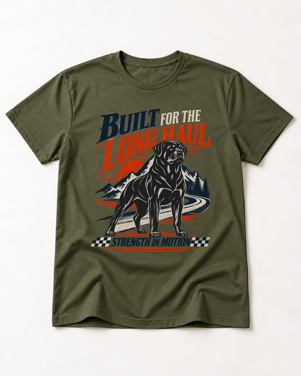 Built for the Long Haul Rottweiler Strength in Motion T-Shirt in Heather Military Green, flat lay product photo