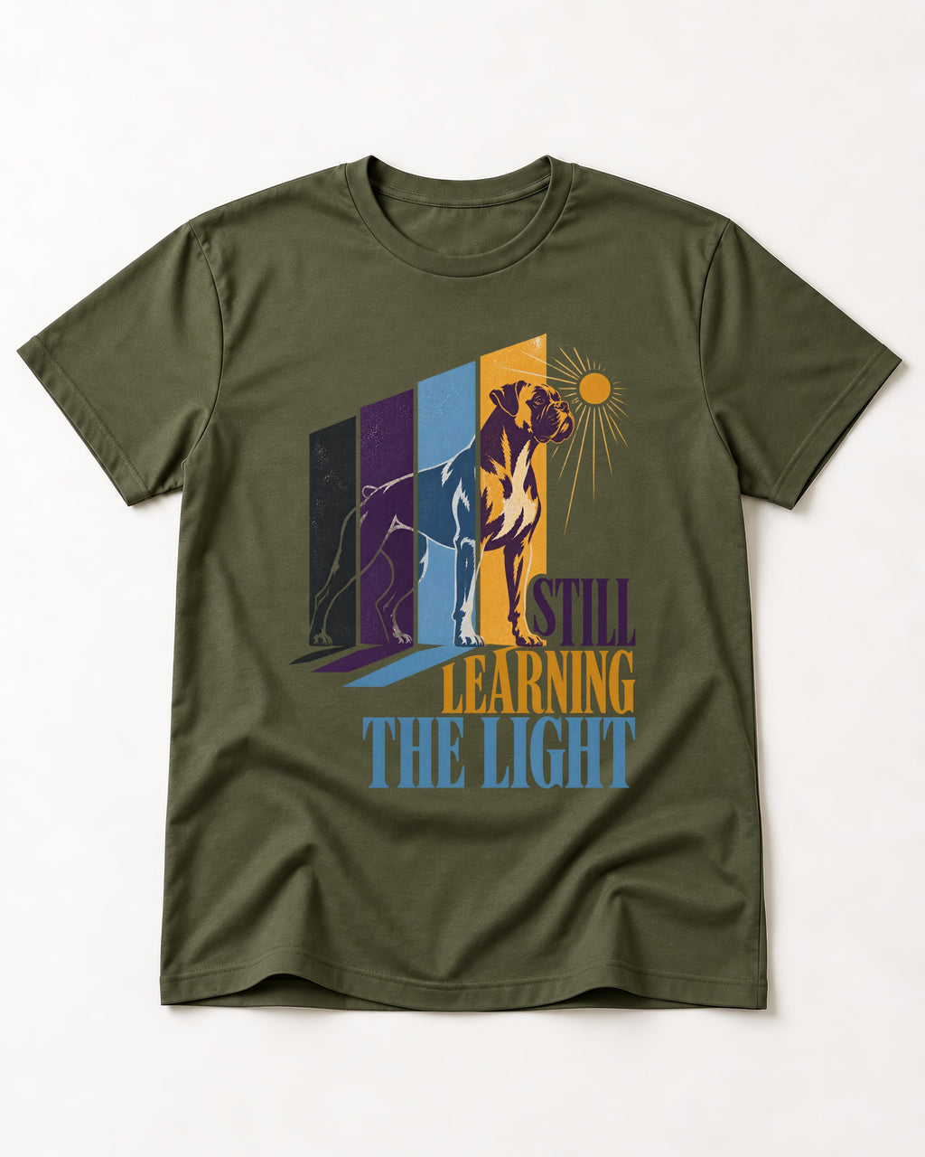 Still Learning the Light Boxer Doorway Progression Graphic T-Shirt in Heather Military Green, flat lay product photo