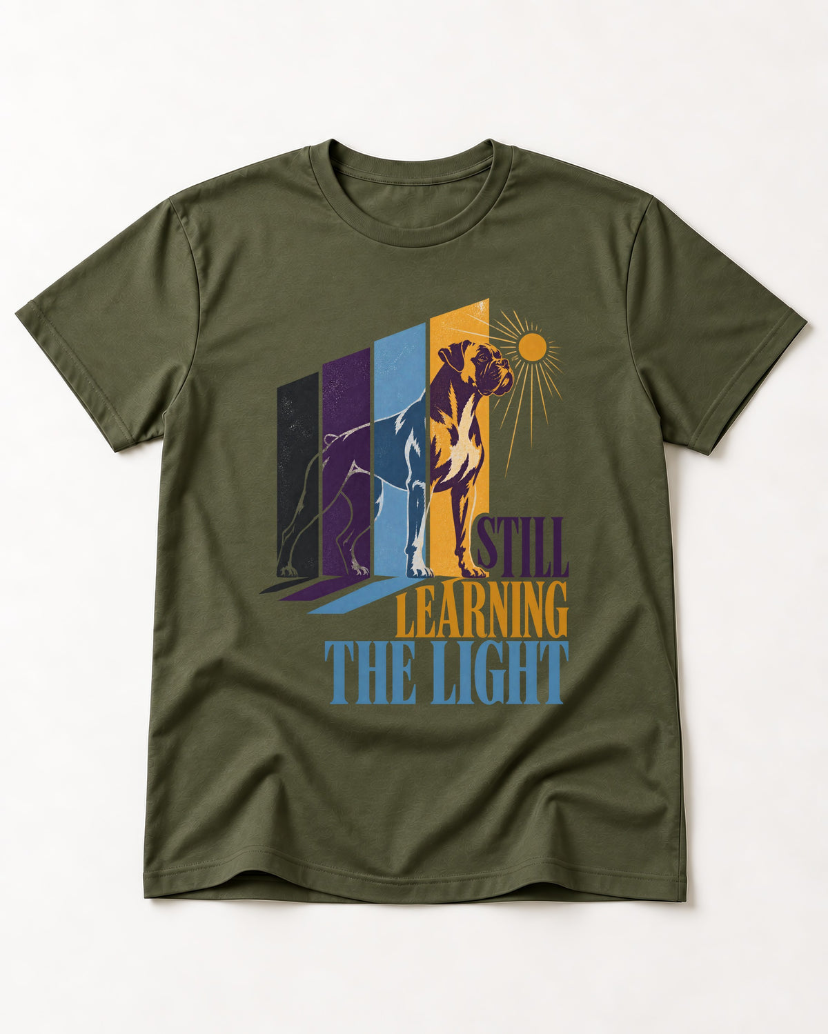 Still Learning the Light Boxer Doorway Progression Graphic T-Shirt in Heather Military Green, flat lay product photo