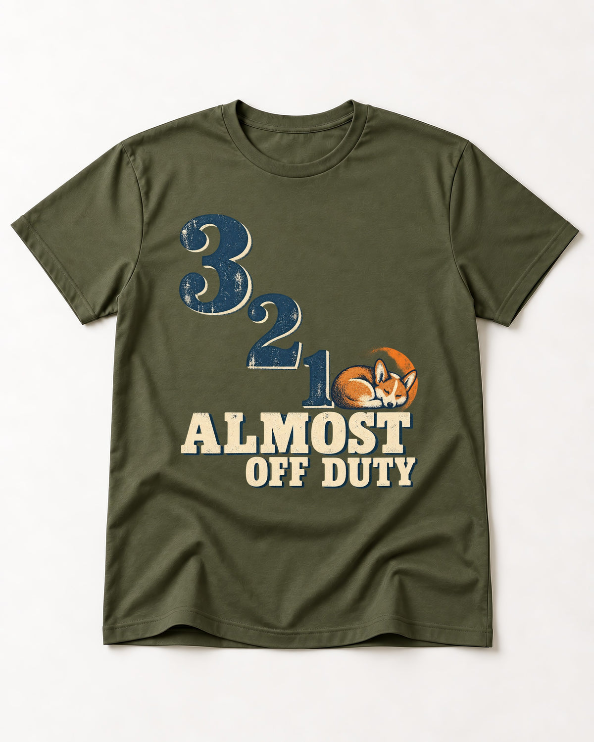 Corgi Almost Off Duty T-Shirt in Heather Military Green, flat lay product photo