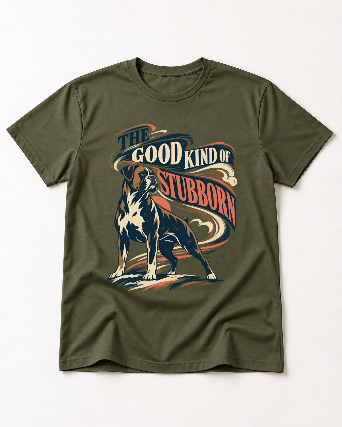 Boxer The Good Kind of Stubborn T-Shirt in Heather Military Green, flat lay product photo