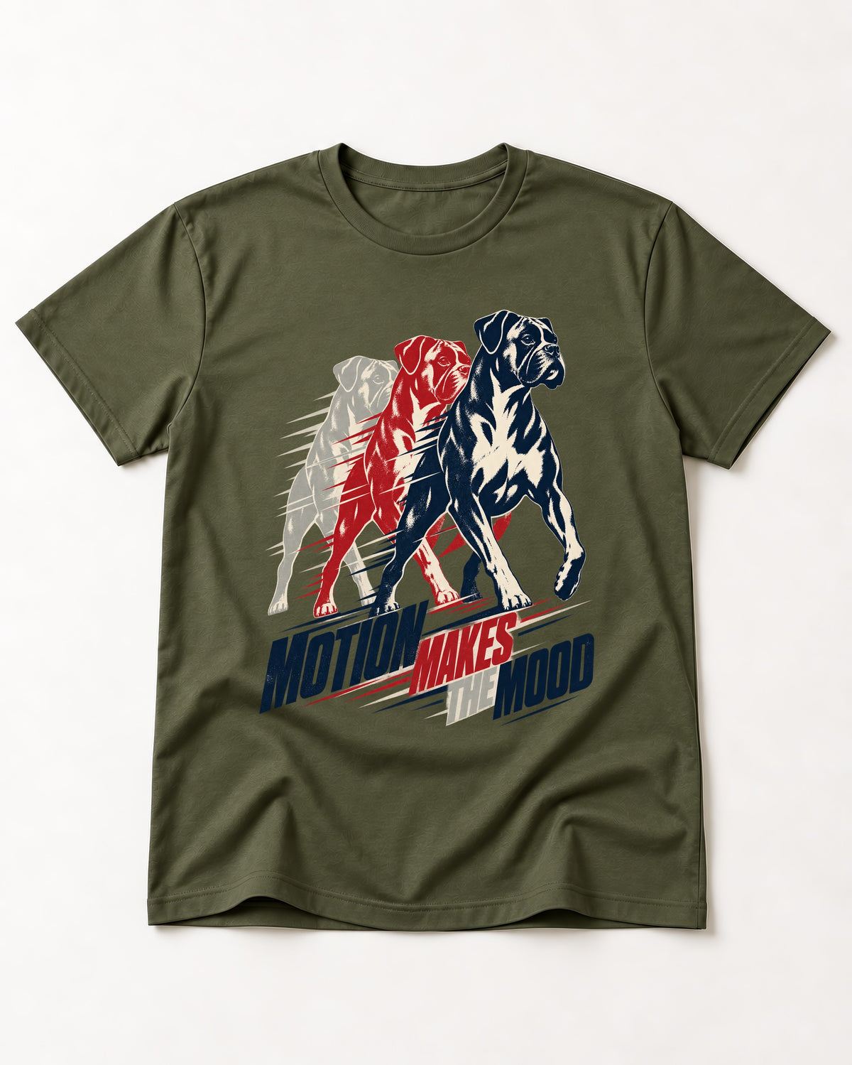 Boxer Motion Makes the Mood T-Shirt in Heather Military Green, flat lay product photo