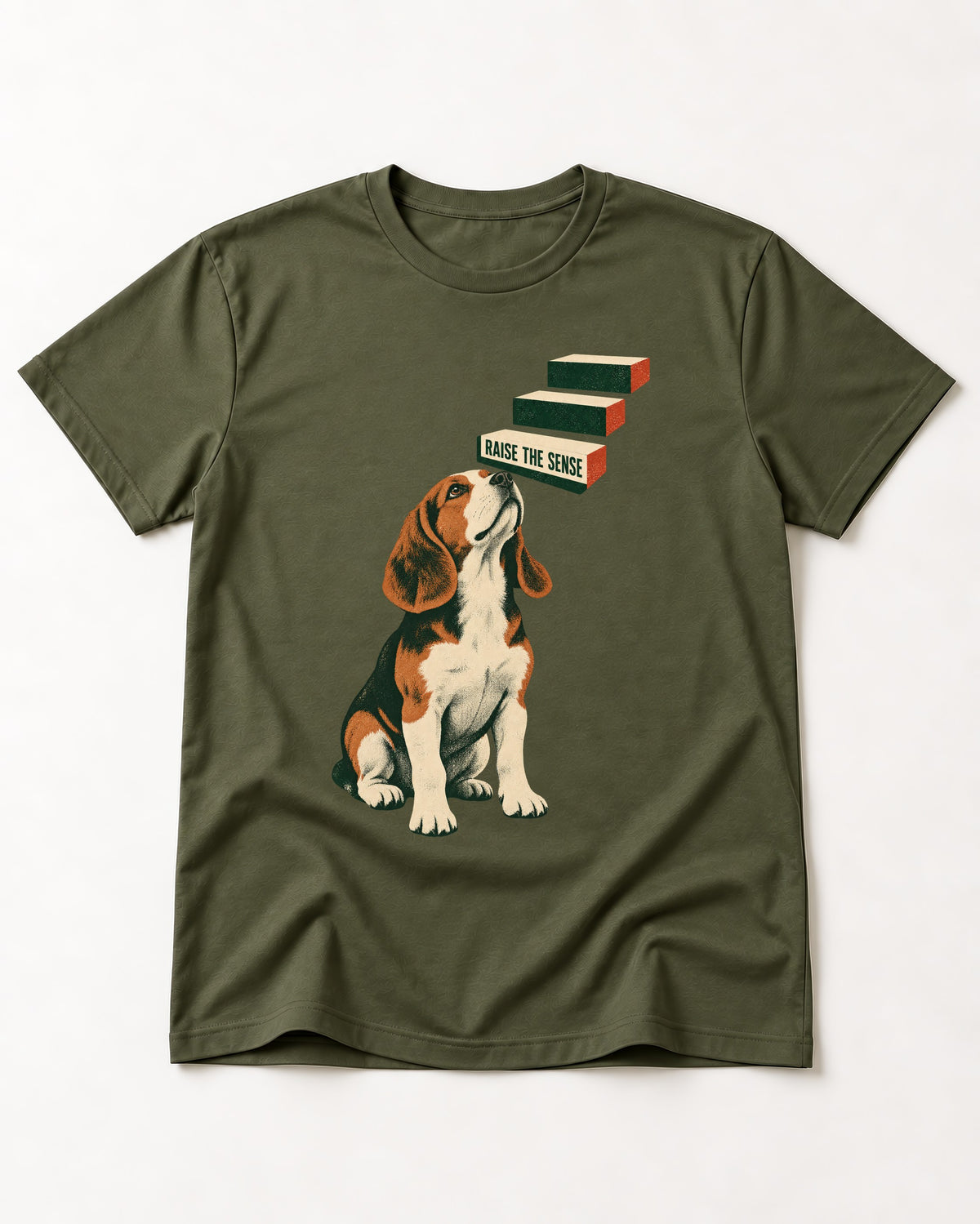 Raise The Sense Beagle Scent Hound T-Shirt in Heather Military Green, flat lay product photo
