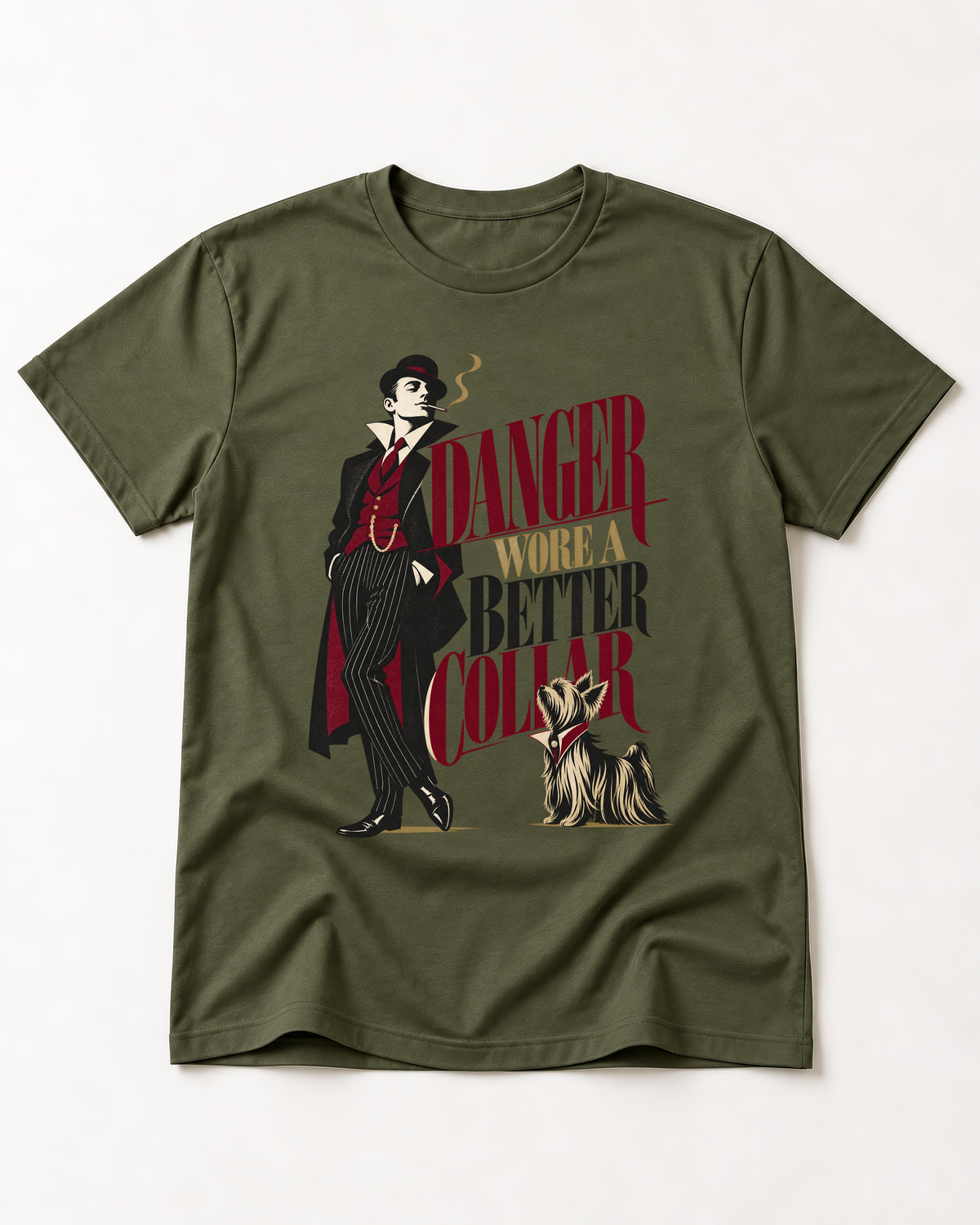 Yorkshire Terrier Danger Wore a Better Collar Art Deco Graphic T-Shirt in Heather Military Green, flat lay product photo
