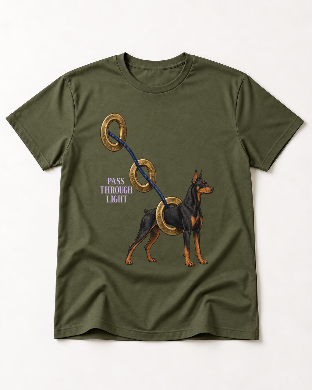 Doberman Pass Through Light Ring Graphic T-Shirt in Heather Military Green, flat lay product photo