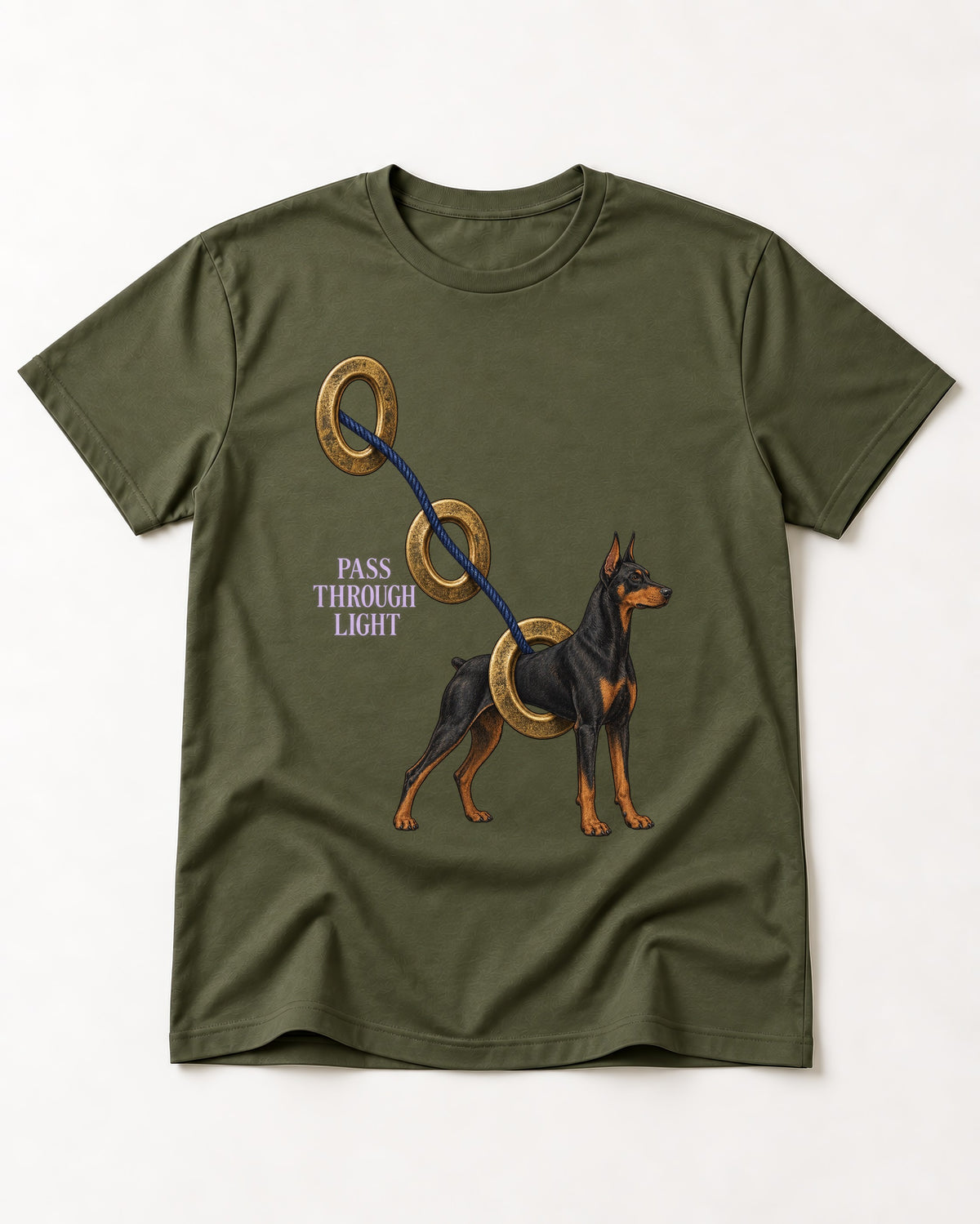 Doberman Pass Through Light Ring Graphic T-Shirt in Heather Military Green, flat lay product photo