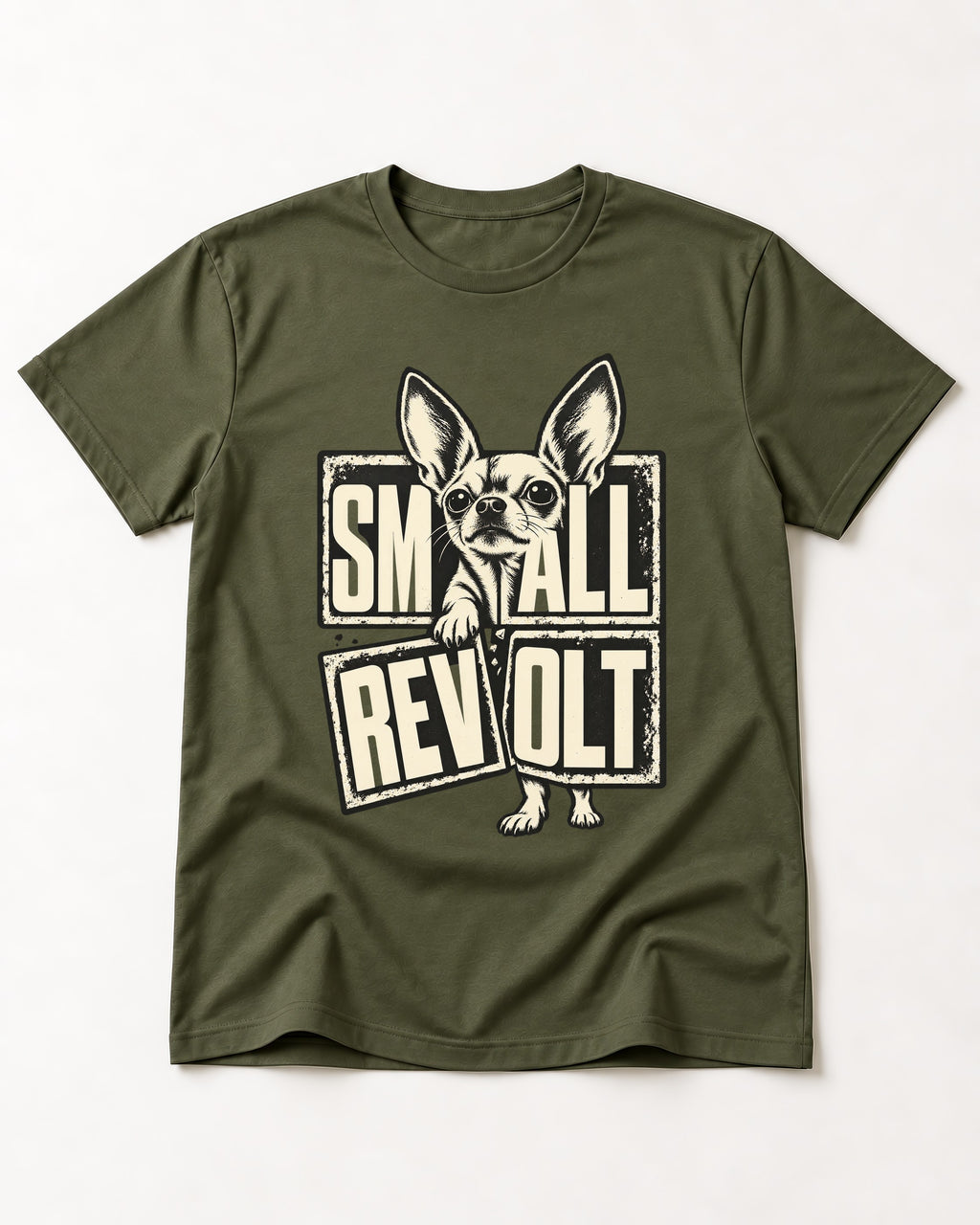 Chihuahua Small Revolt Broken Grid Graphic T-Shirt in Heather Military Green, flat lay product photo