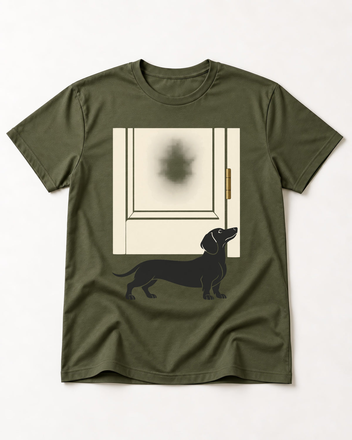 Dachshund Frosted Door Sentinel Graphic T-Shirt in Heather Military Green, flat lay product photo