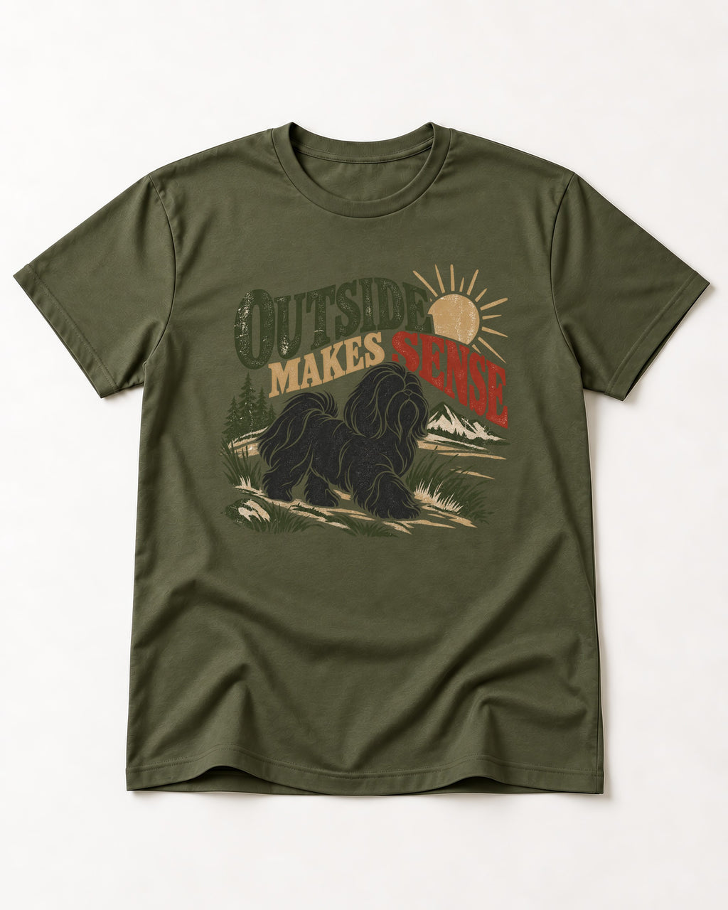Shih Tzu Outside Makes Sense Mountain Trail Graphic T-Shirt in Heather Military Green, flat lay product photo