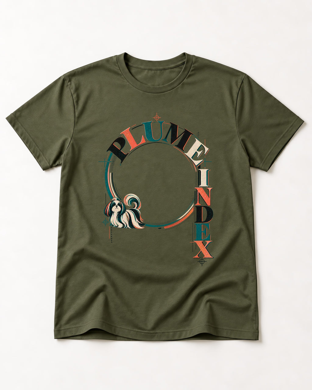 Shih Tzu Plume Index Circular Typography Graphic T-Shirt in Heather Military Green, flat lay product photo