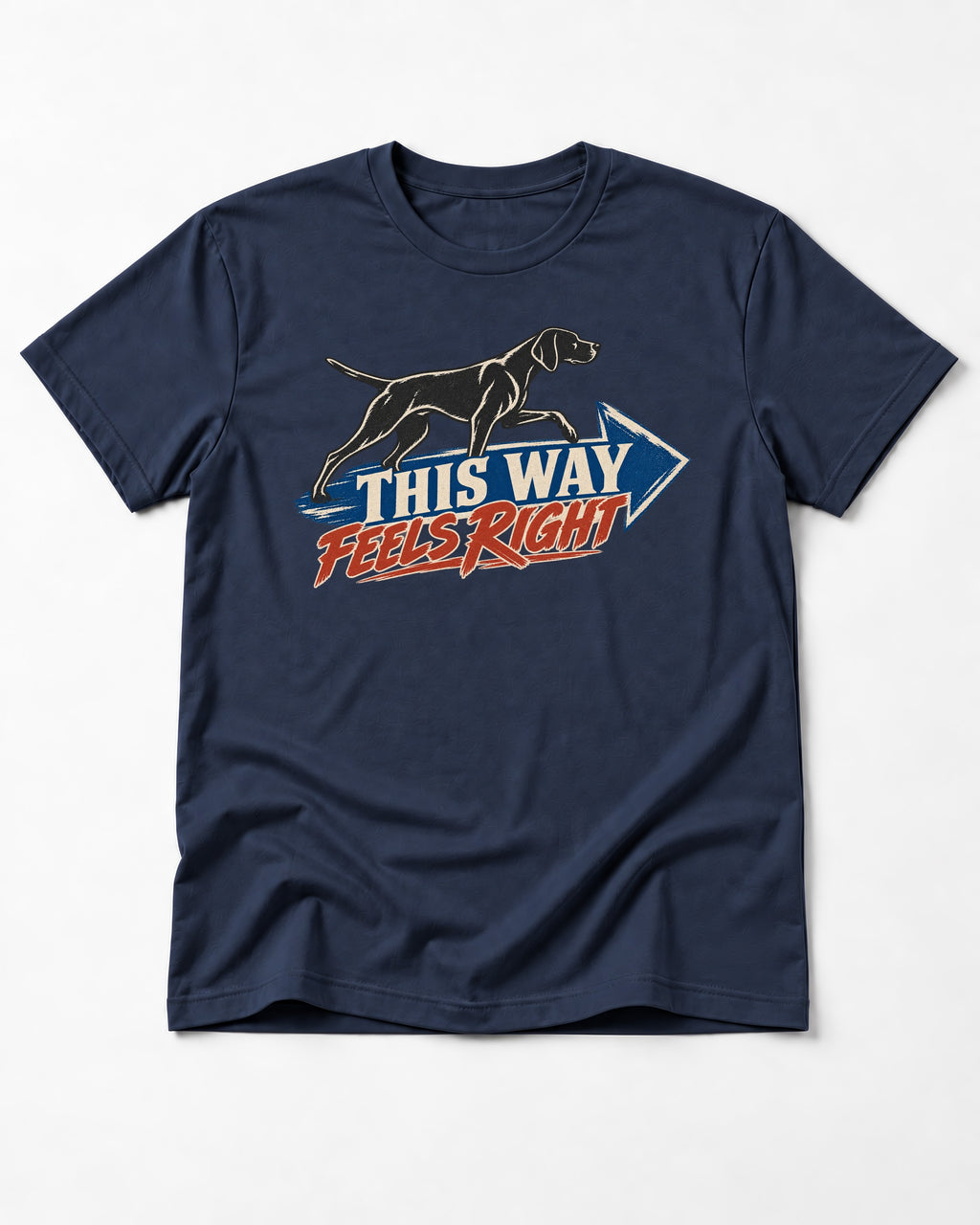This Way Feels Right Arrow German Shorthaired Pointer Graphic T-Shirt in Navy, flat lay product photo