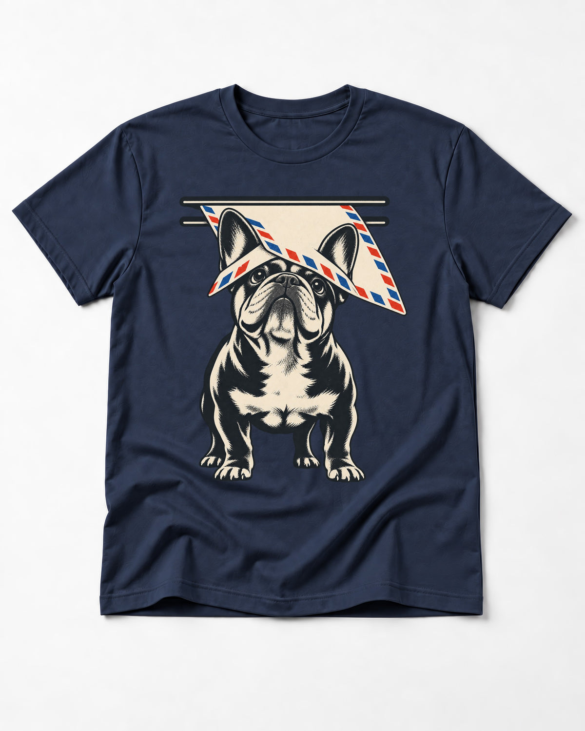 Frenchie Mail Slot Intercept Graphic T-Shirt in Navy, flat lay product photo