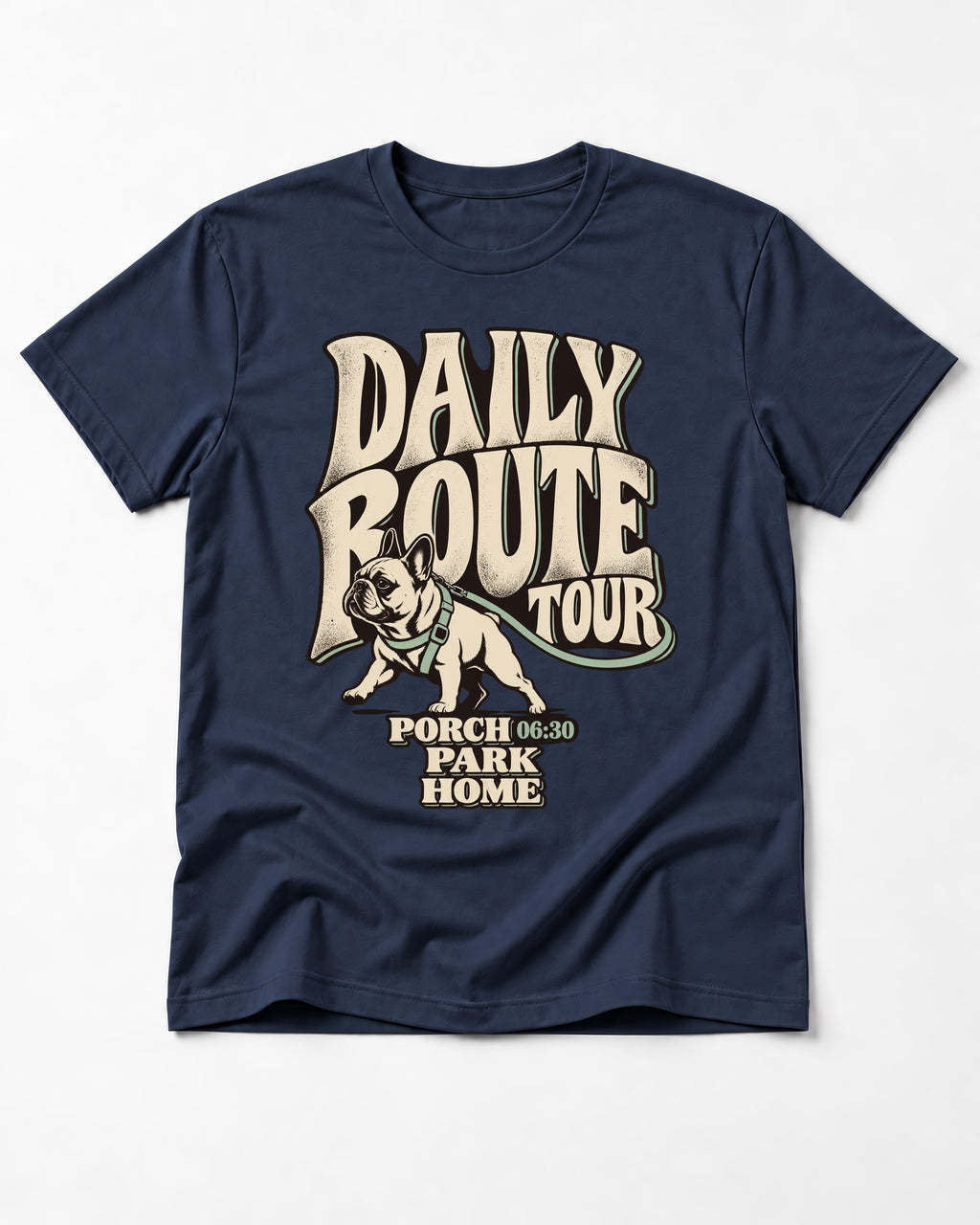 Frenchie Daily Route Tour Graphic T-Shirt in Navy, flat lay product photo