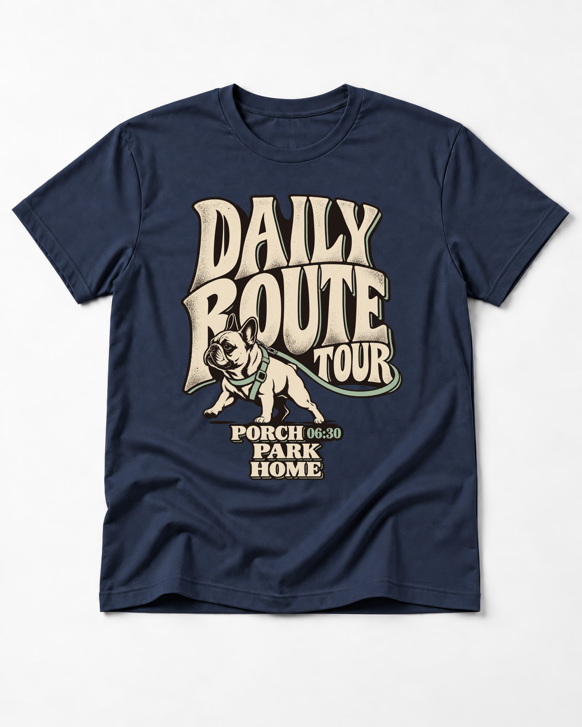 Frenchie Daily Route Tour Graphic T-Shirt in Navy, flat lay product photo