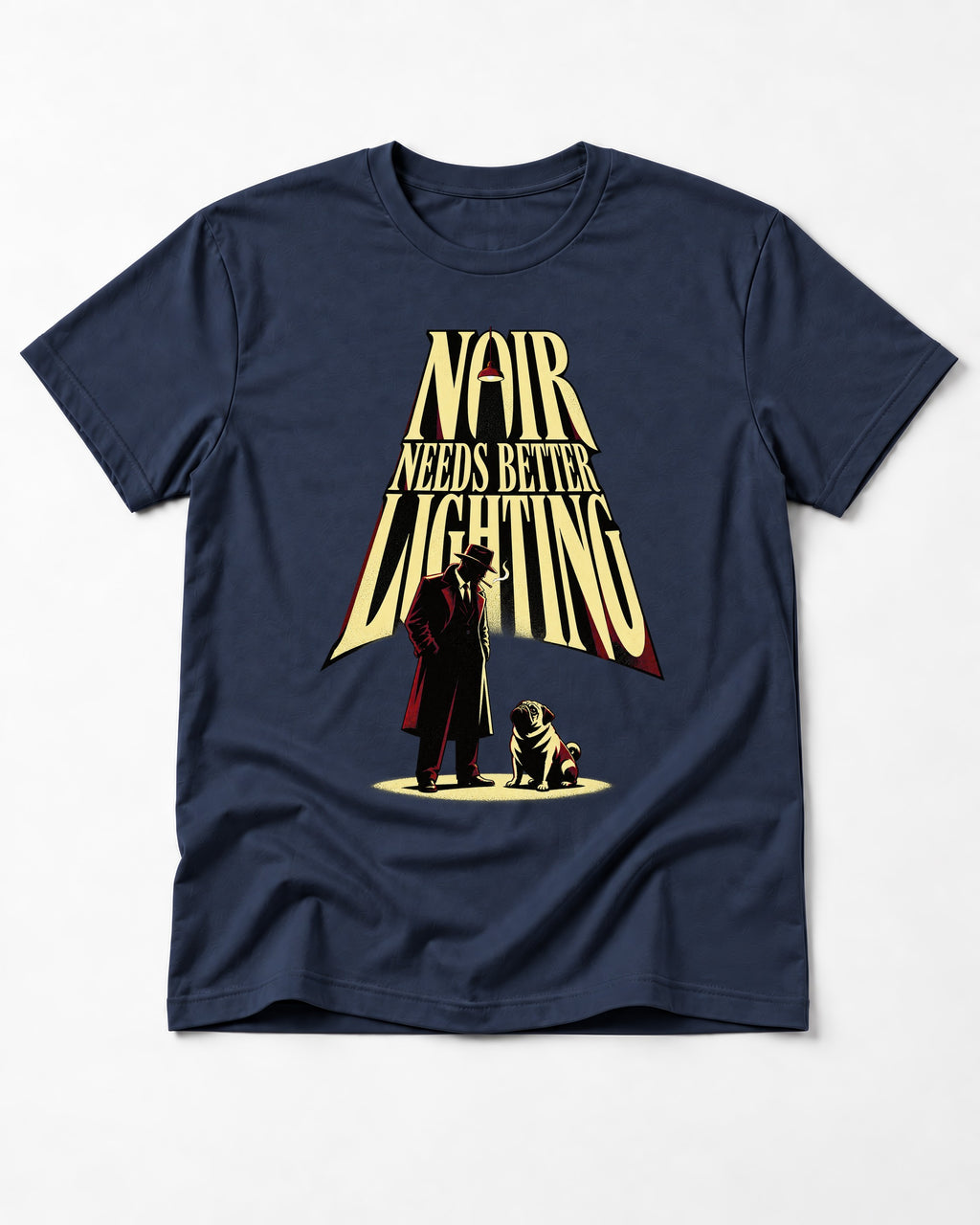 Pug Noir Needs Better Lighting Detective Graphic T-Shirt in Navy, flat lay product photo