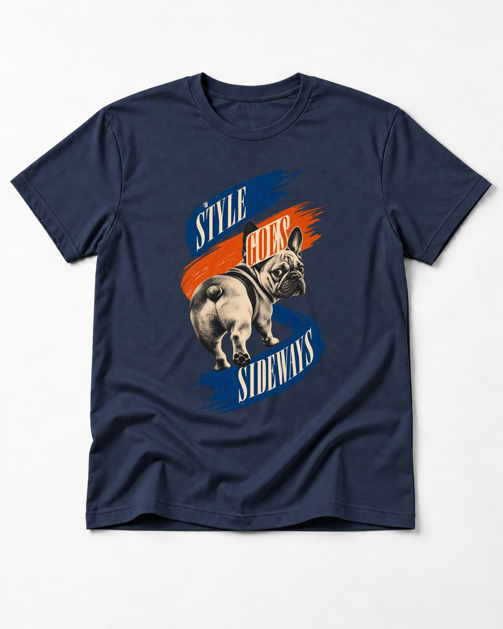 Frenchie Style Goes Sideways Graphic T-Shirt in Navy, flat lay product photo
