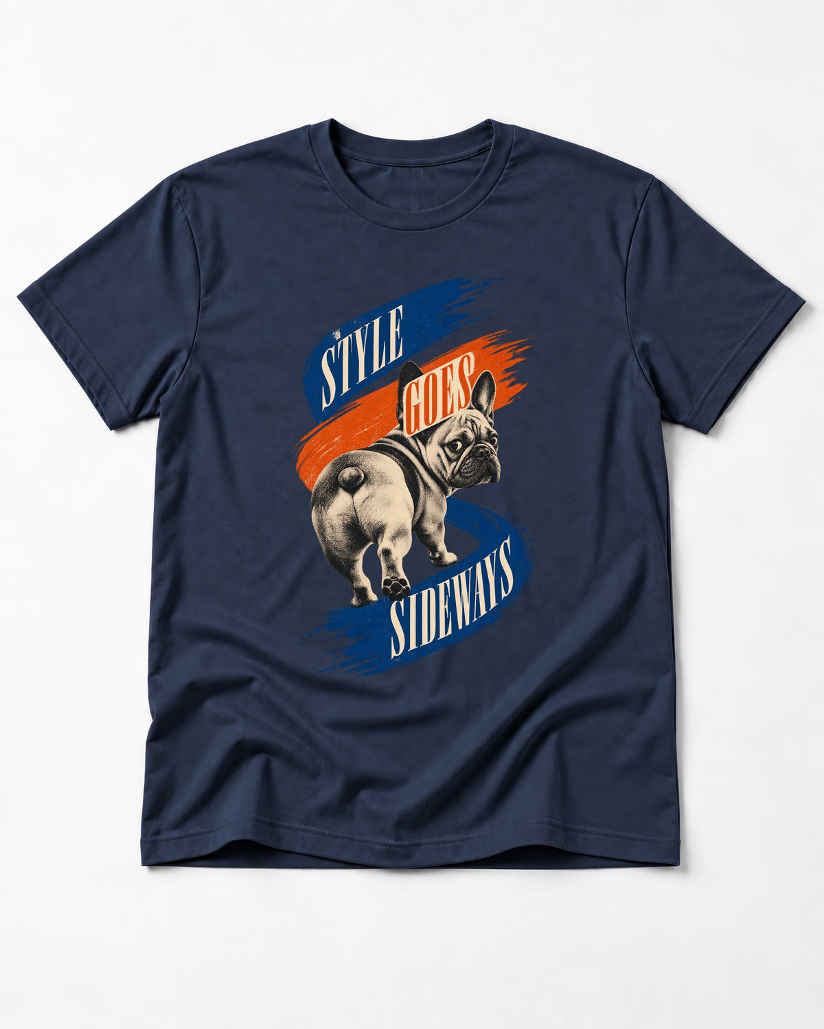 Frenchie Style Goes Sideways Graphic T-Shirt in Navy, flat lay product photo