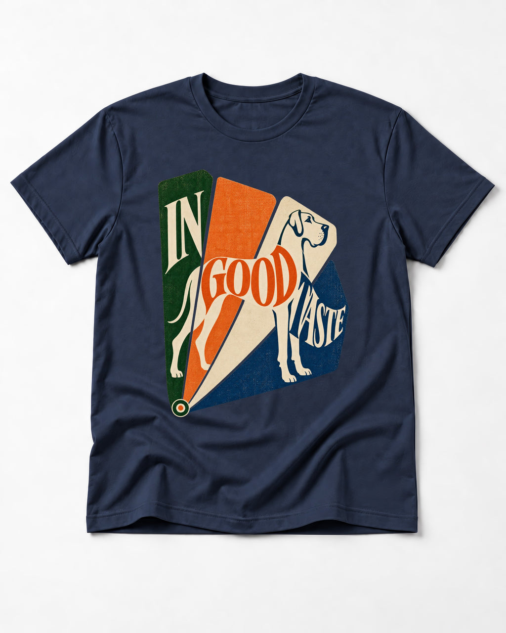 Great Dane In Good Taste Color Fan Graphic T-Shirt in Navy, flat lay product photo