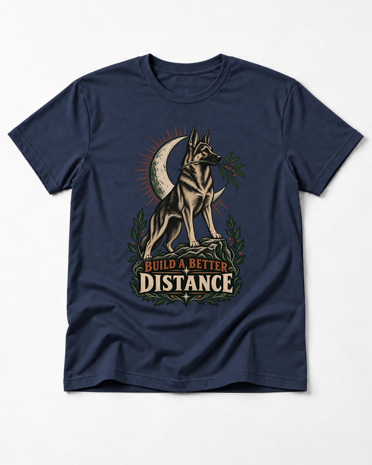 Build A Better Distance Moon Woodcut German Shepherd Dog Graphic T-Shirt in Navy, flat lay product photo