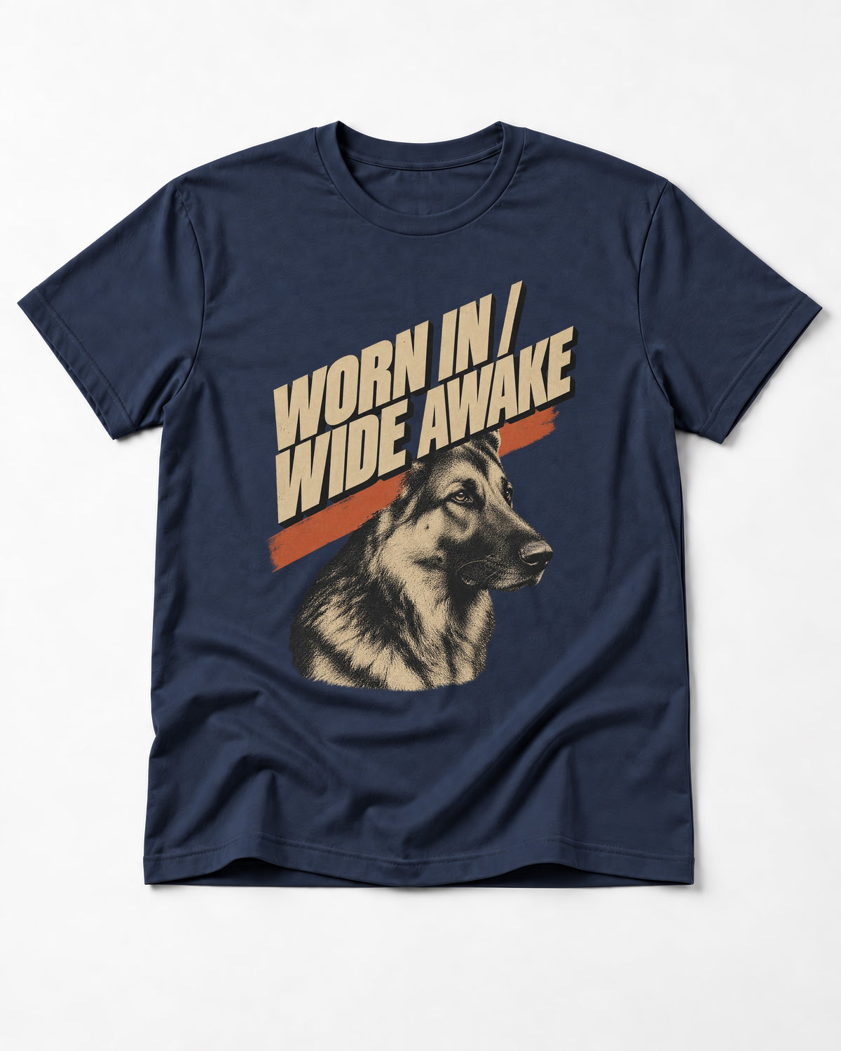 Worn In Wide Awake Portrait German Shepherd Dog Graphic T-Shirt in Navy, flat lay product photo