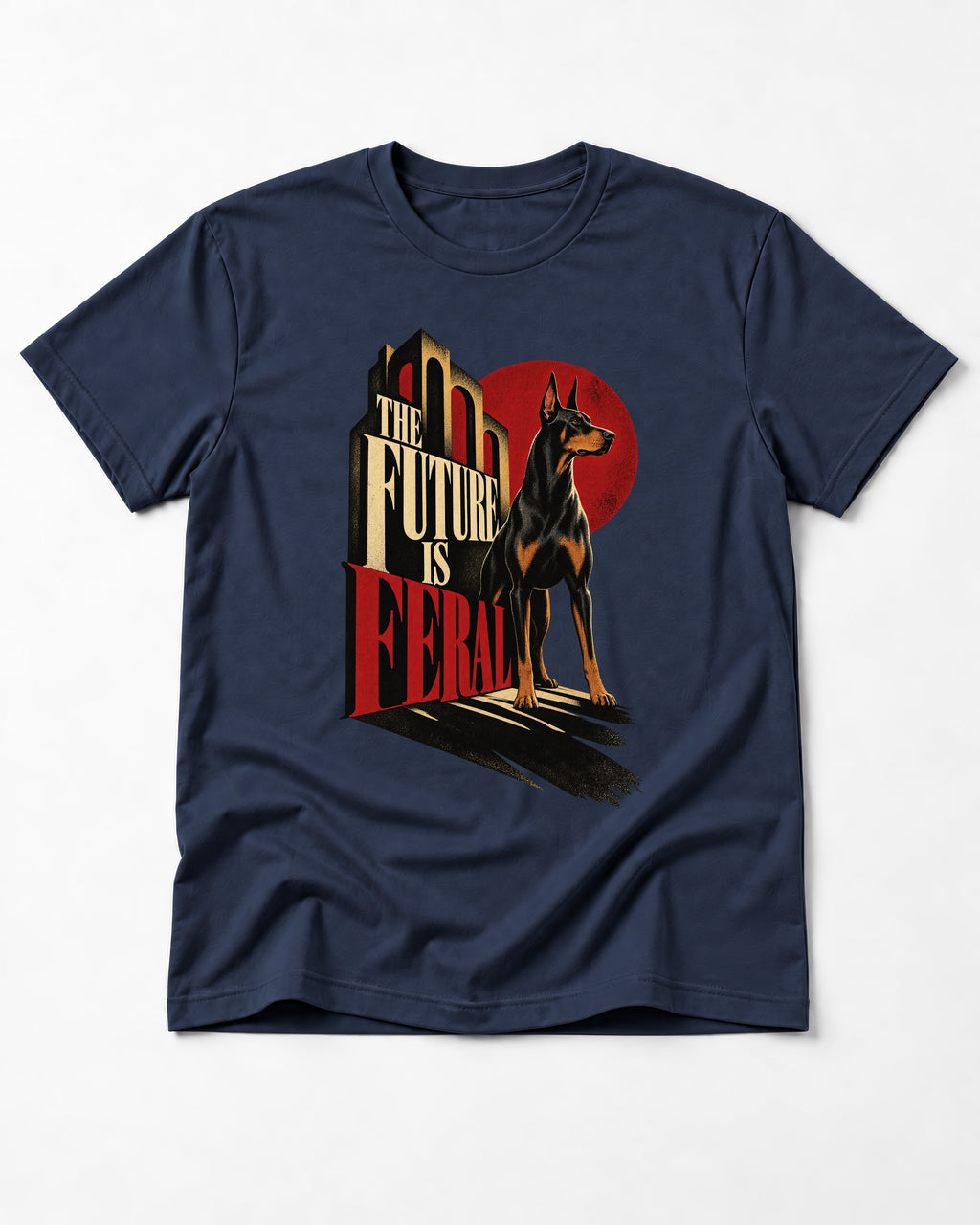 Doberman The Future Is Feral Art Deco Graphic T-Shirt in Navy, flat lay product photo