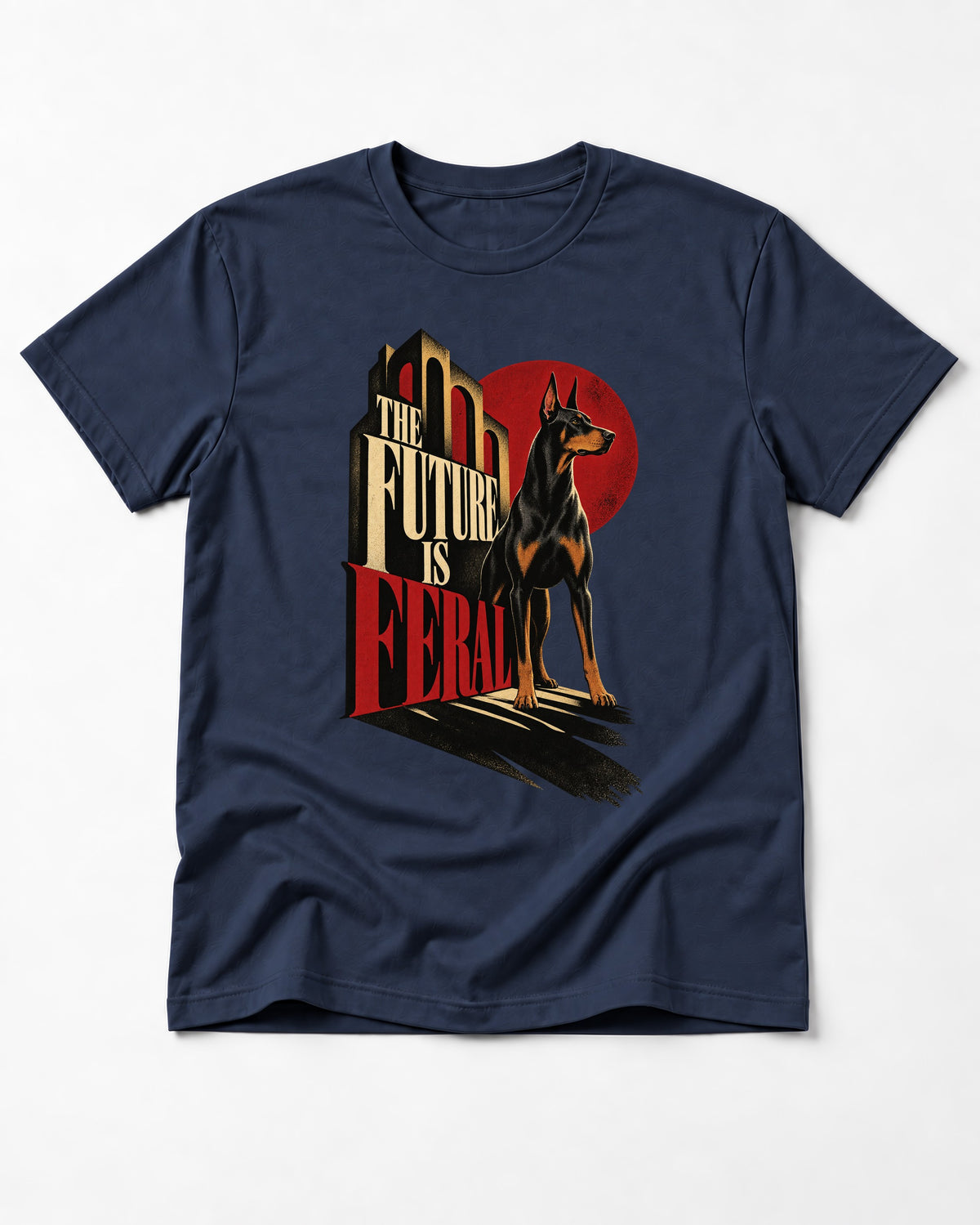 Doberman The Future Is Feral Art Deco Graphic T-Shirt in Navy, flat lay product photo