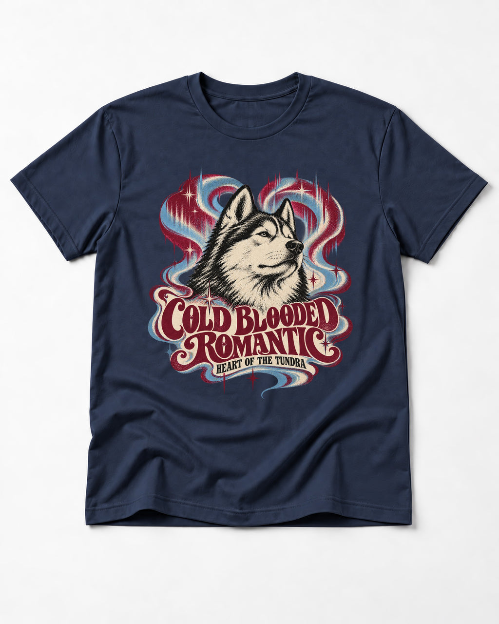 Husky Cold Blooded Romantic Heart of the Tundra Graphic T-Shirt in Navy, flat lay product photo