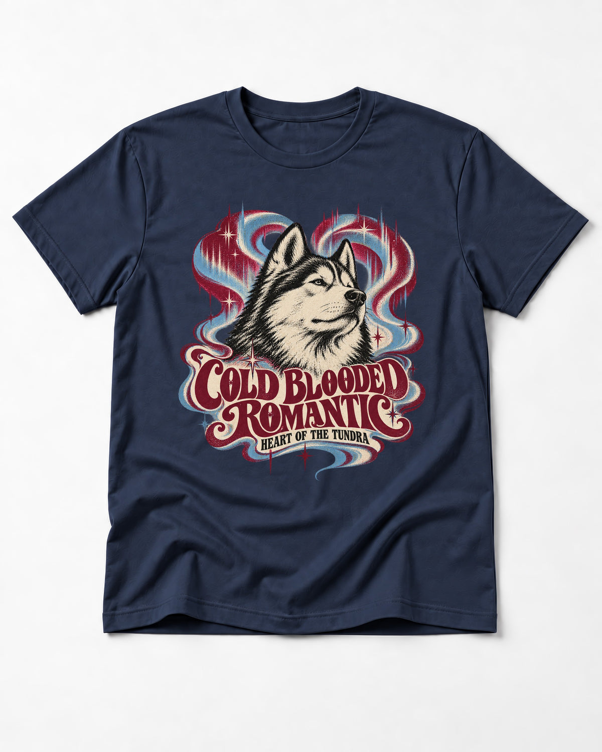 Husky Cold Blooded Romantic Heart of the Tundra Graphic T-Shirt in Navy, flat lay product photo