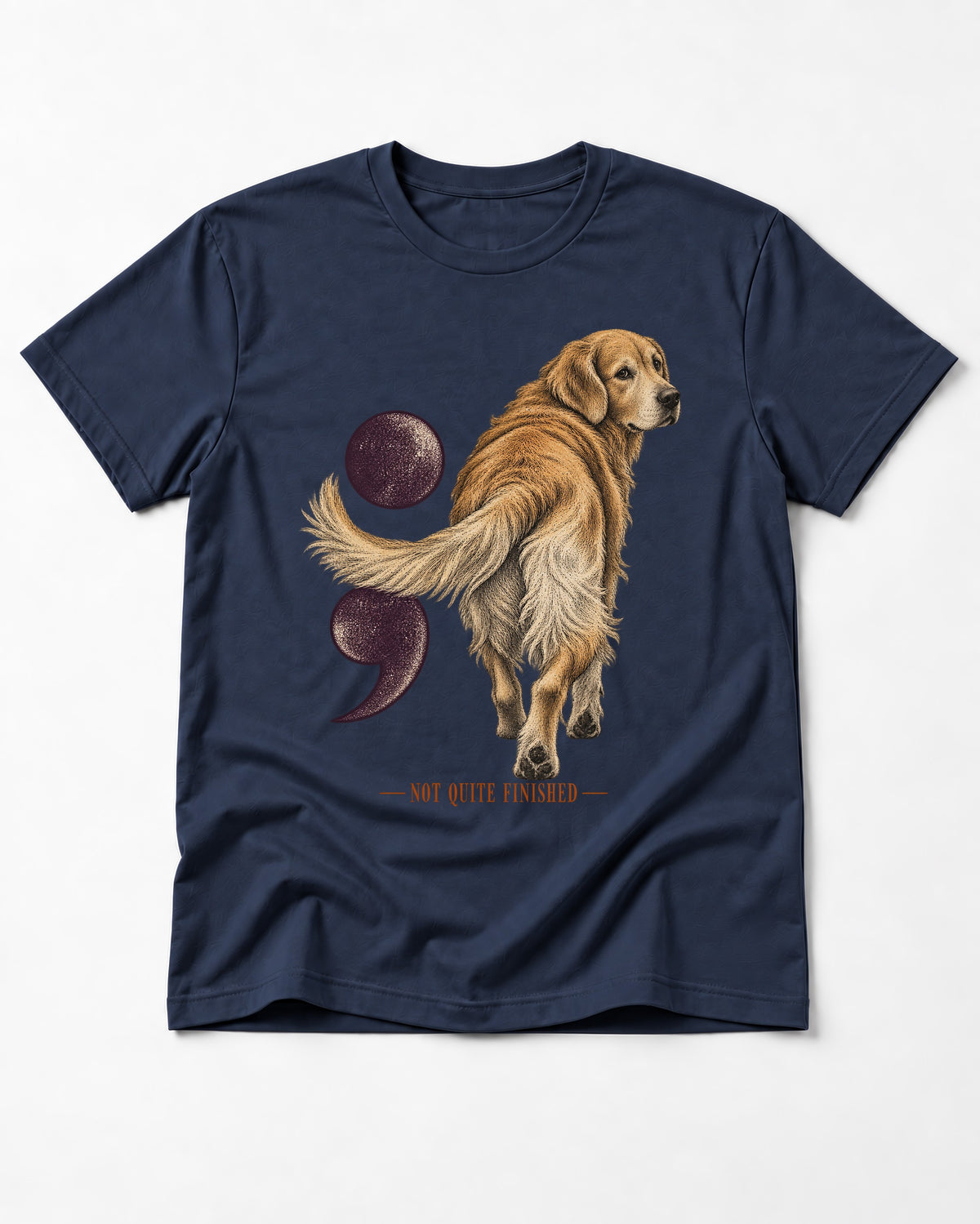 Golden Retriever Not Quite Finished Semicolon Graphic T-Shirt in Navy, flat lay product photo