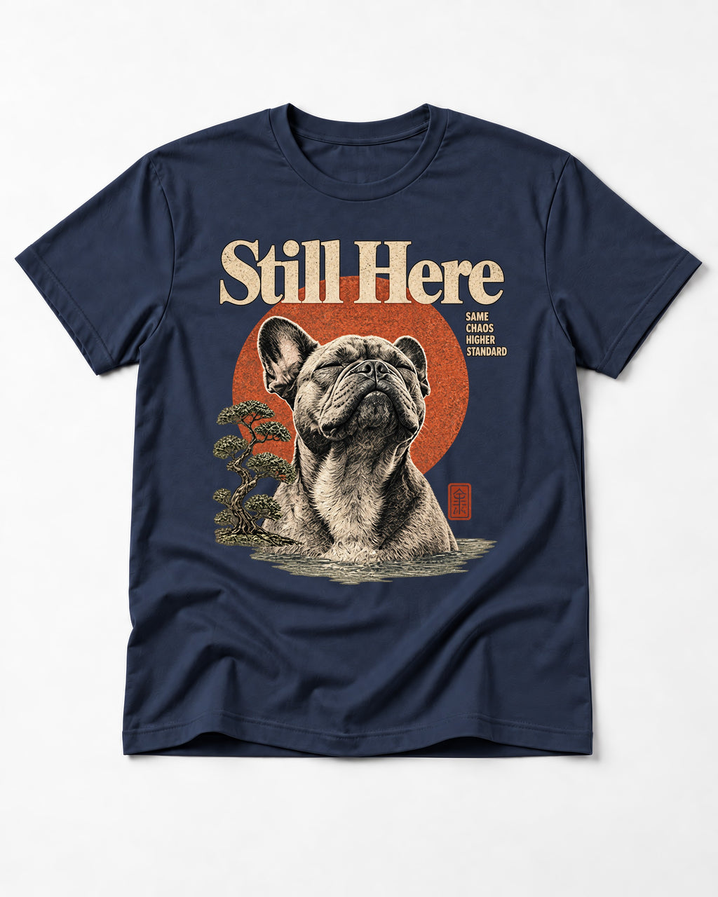 Frenchie Still Here Bonsai Portrait Graphic T-Shirt in Navy, flat lay product photo