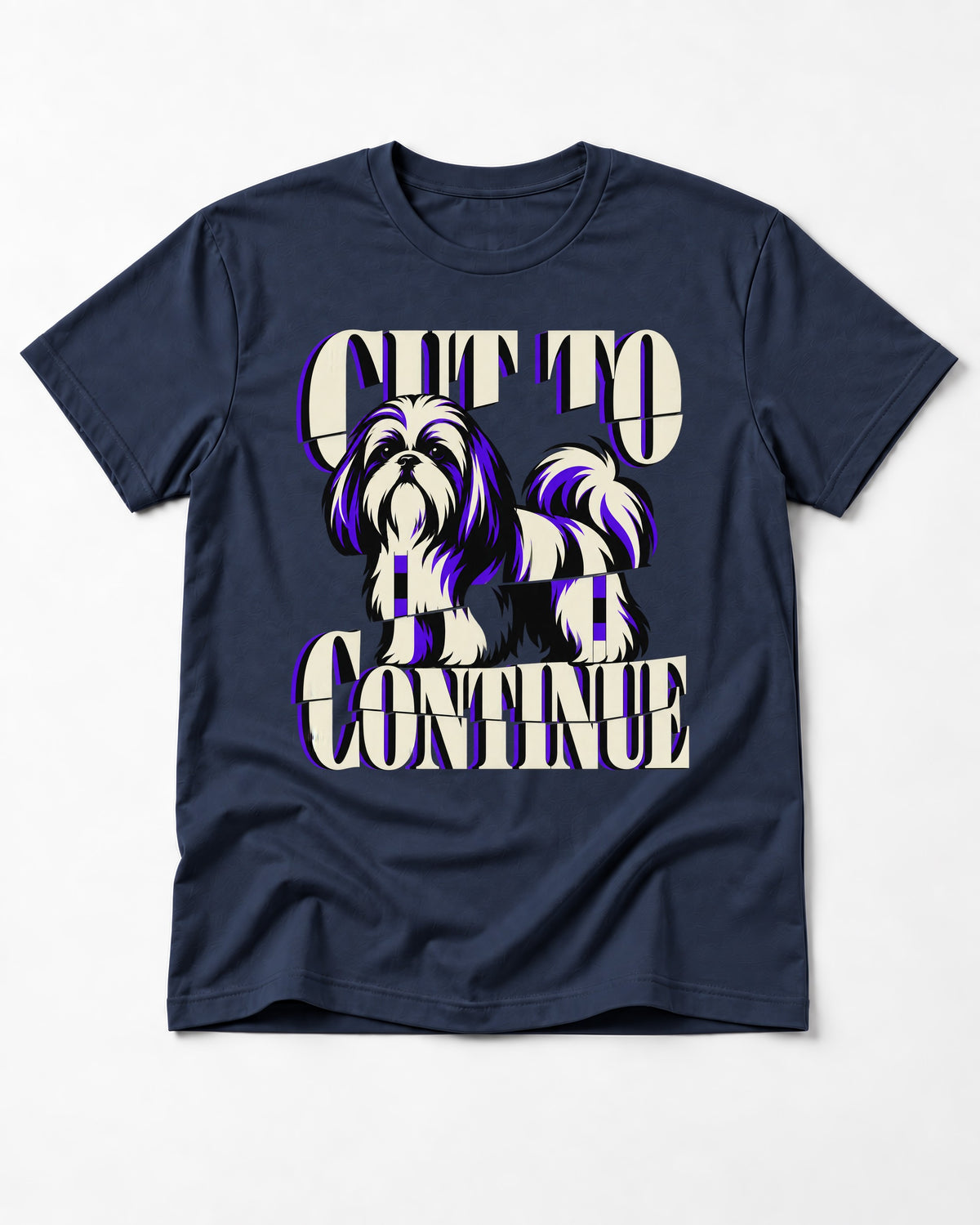Shih Tzu Cut to Continue Dimensional Typography Graphic T-Shirt in Navy, flat lay product photo