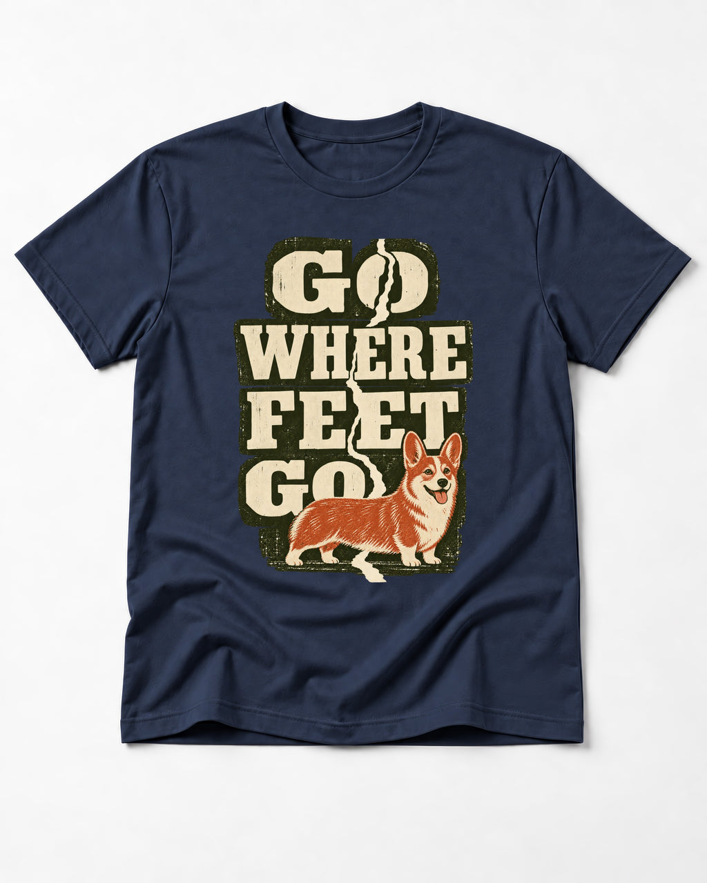 Corgi Go Where Feet Go Path T-Shirt in Navy, flat lay product photo