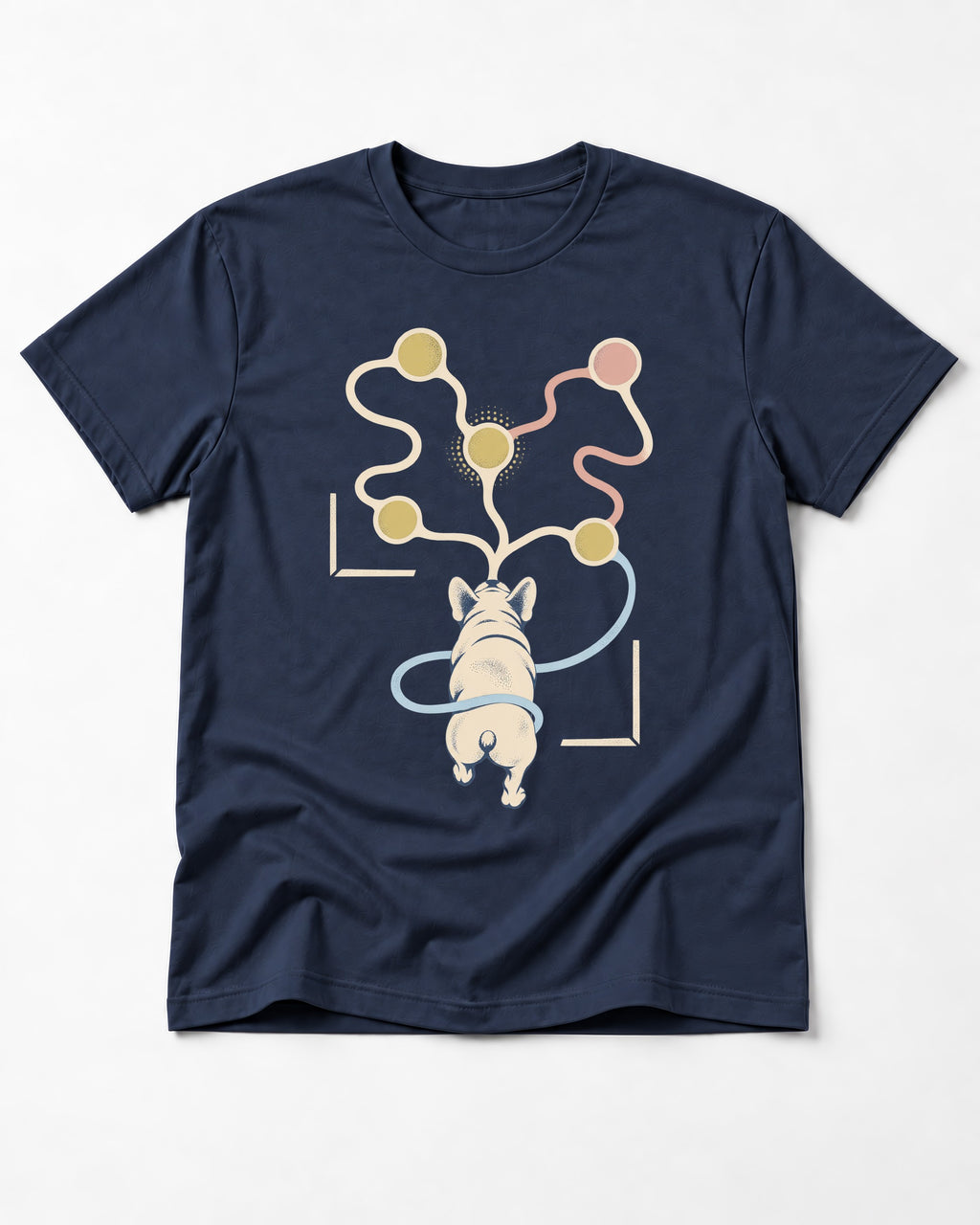 Frenchie Scent Circuit Rear View Graphic T-Shirt in Navy, flat lay product photo