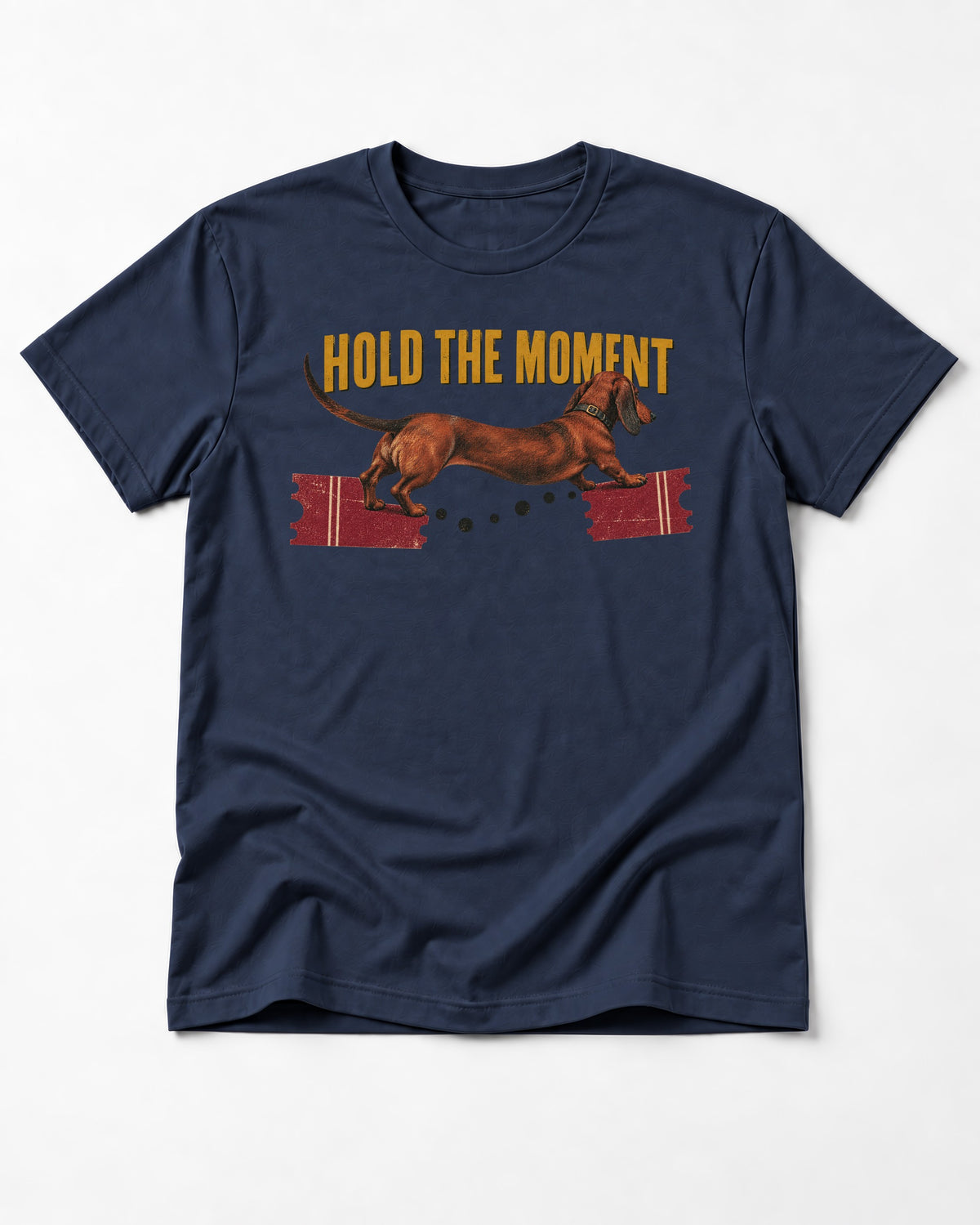 Dachshund Hold The Moment Torn Ticket Bridge Graphic T-Shirt in Navy, flat lay product photo