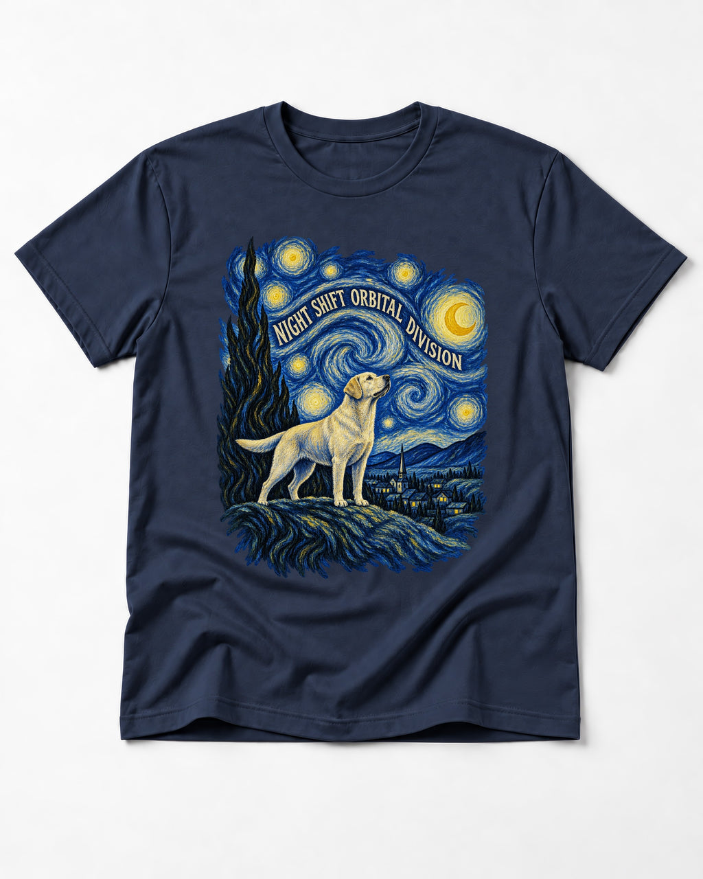 Labrador Retriever Night Shift Orbital Division Starry Night Graphic T-Shirt in Navy, flat lay product photo