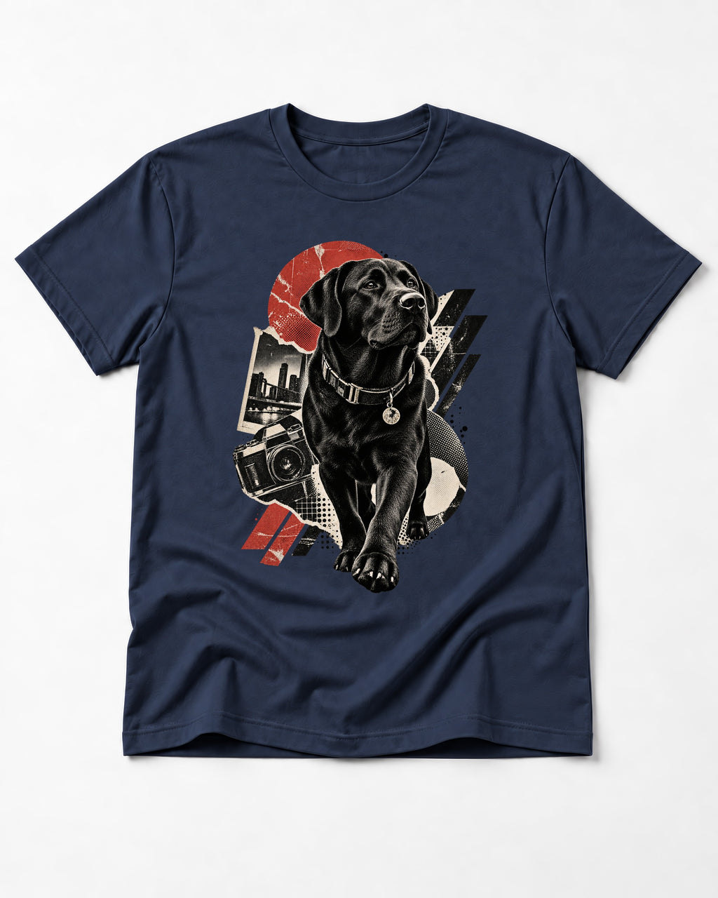 Labrador Retriever Camera City Halftone Collage Graphic T-Shirt in Navy, flat lay product photo