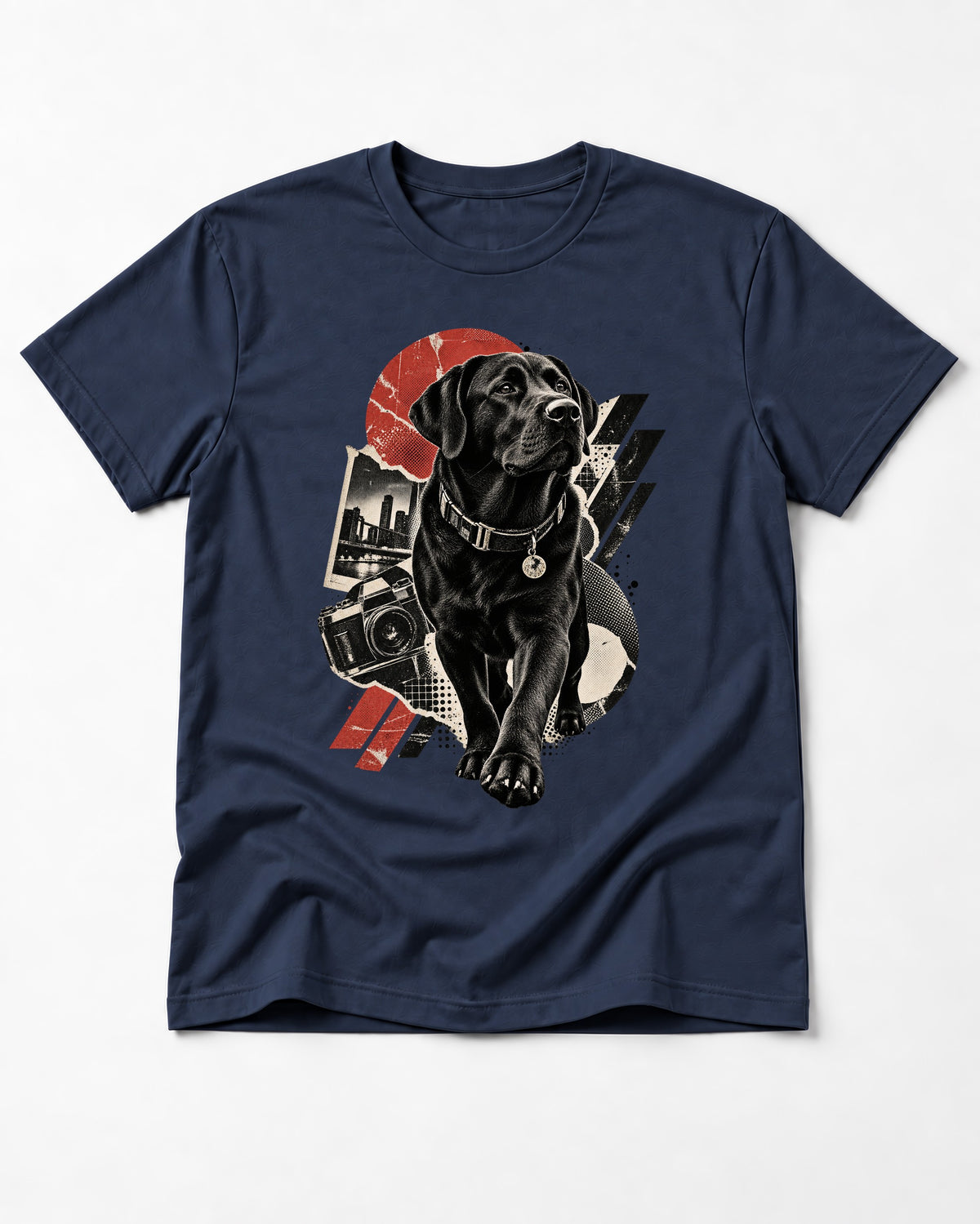 Labrador Retriever Camera City Halftone Collage Graphic T-Shirt in Navy, flat lay product photo